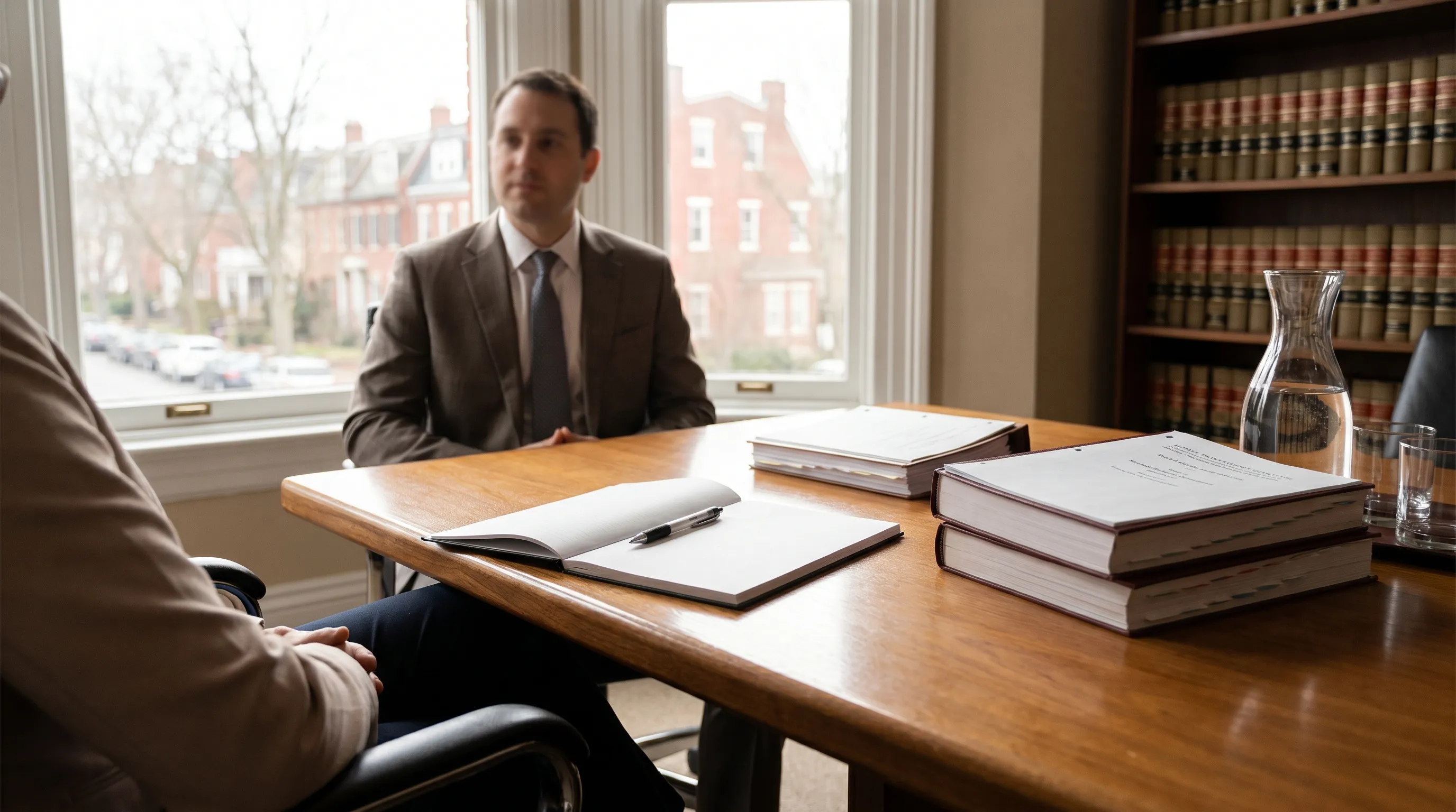 Professional attorney consulting with client in a law office conference room with bookshelves and legal documents in Lawrence, KS