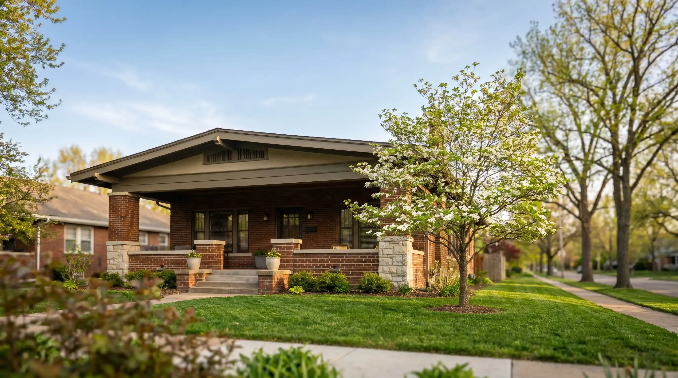 Real estate agent showing a young couple through a craftsman bungalow interior with hardwood floors and natural light in Lawrence, KS