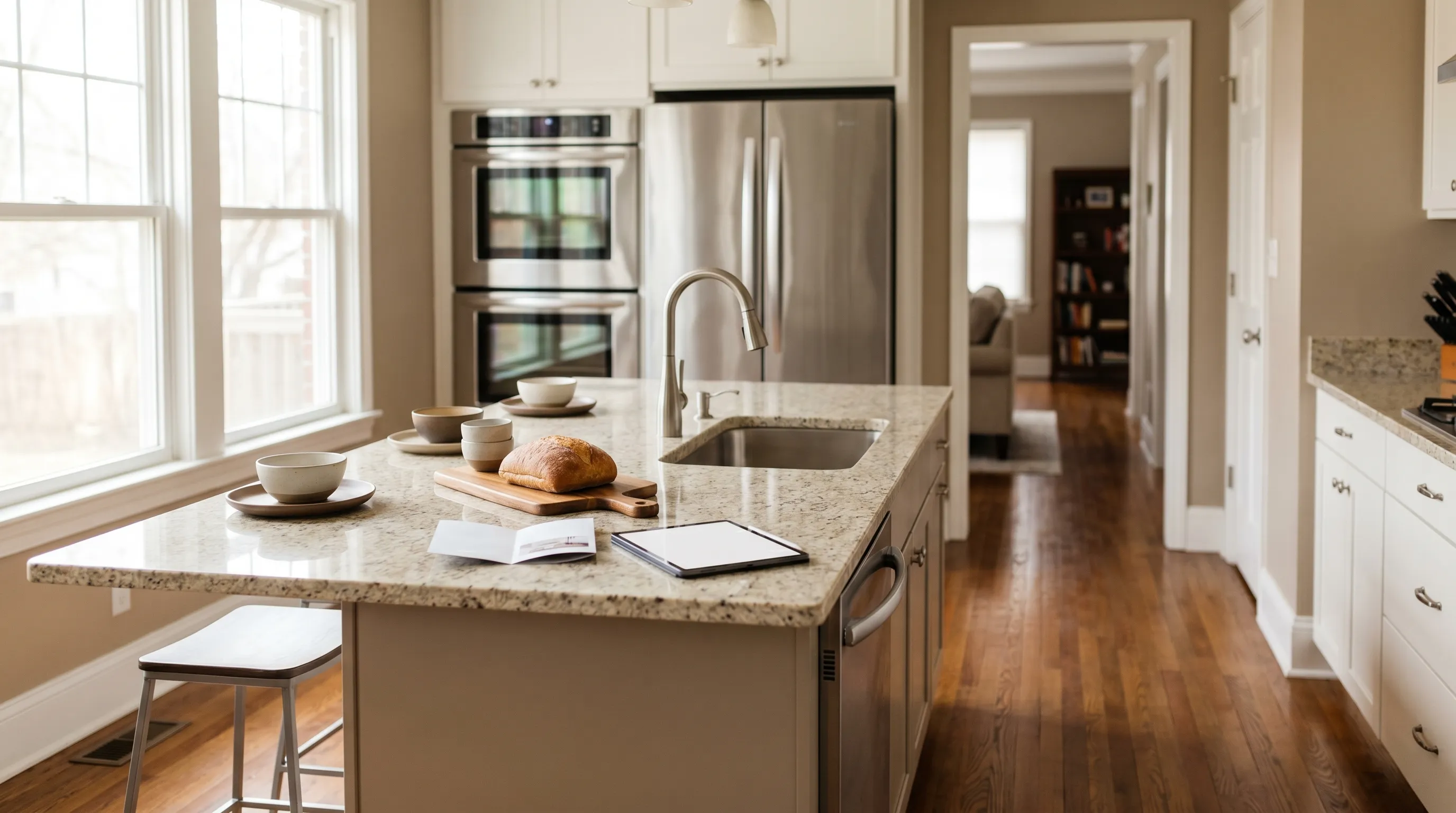 Real estate agent showing a young couple through a craftsman bungalow interior with hardwood floors and natural light in Lawrence, KS