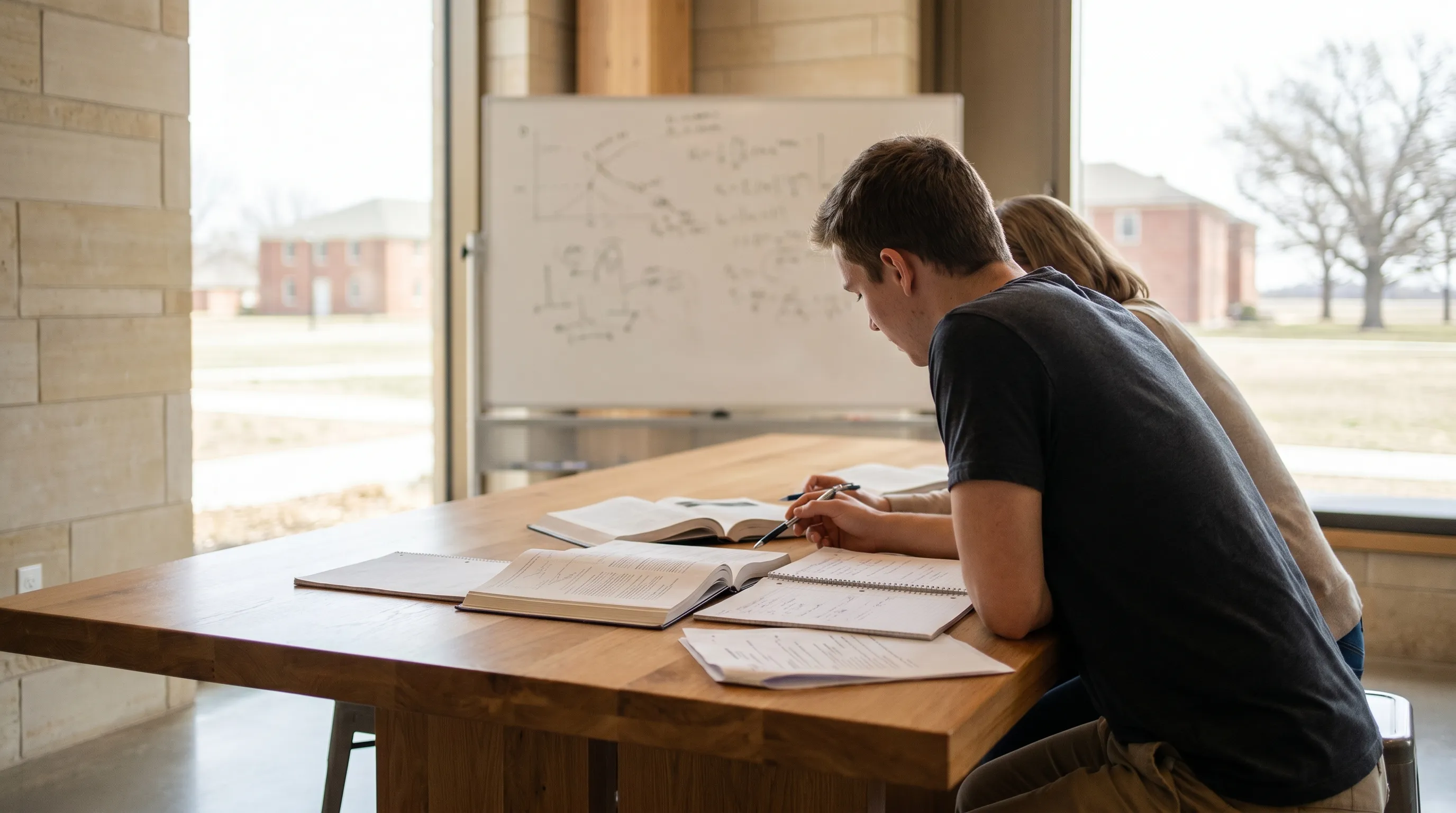 Tutor and student working together at a wooden study table with textbooks and notes in a bright study room near KU campus in Lawrence, KS