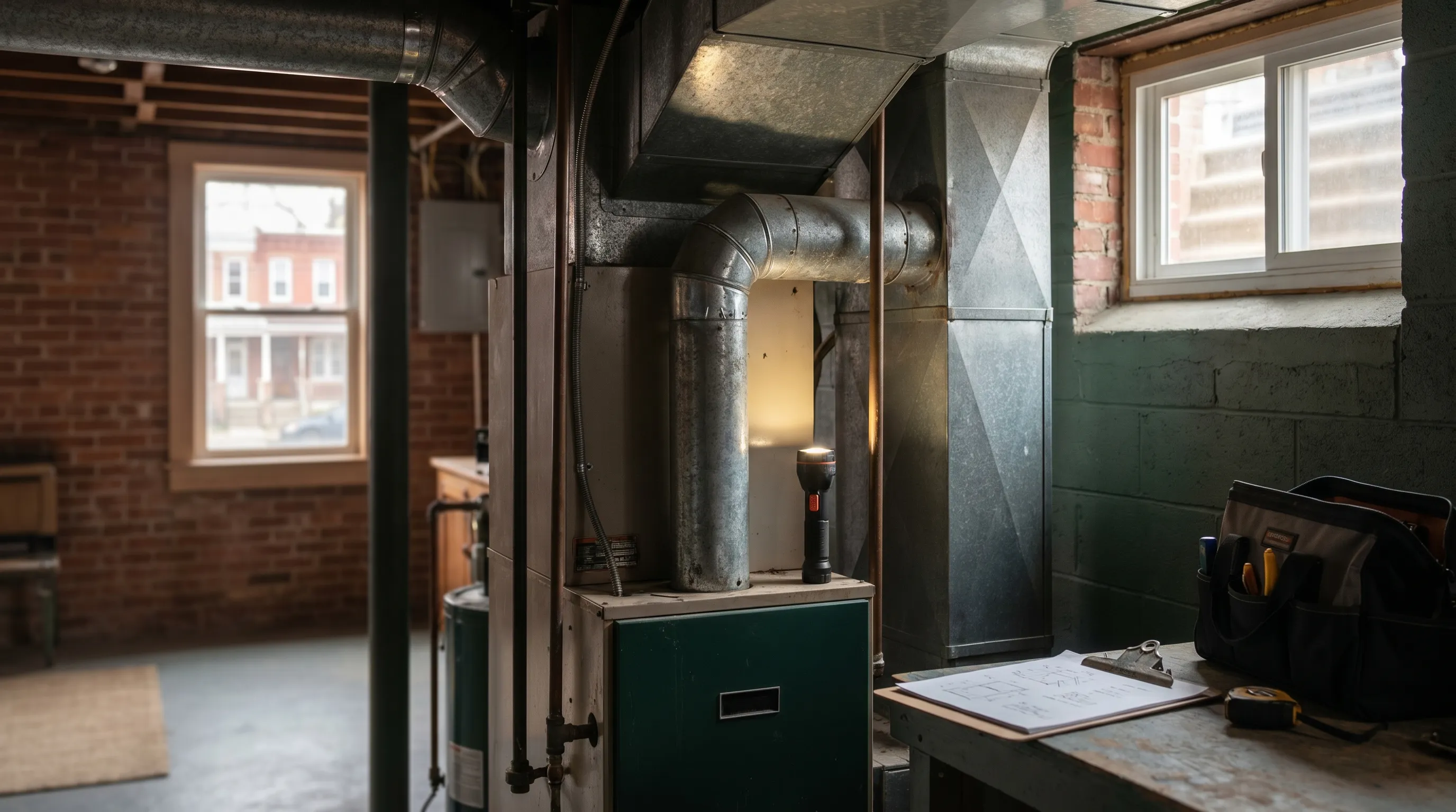 Professional HVAC technician servicing a furnace in an older brick row house basement in Reading, PA