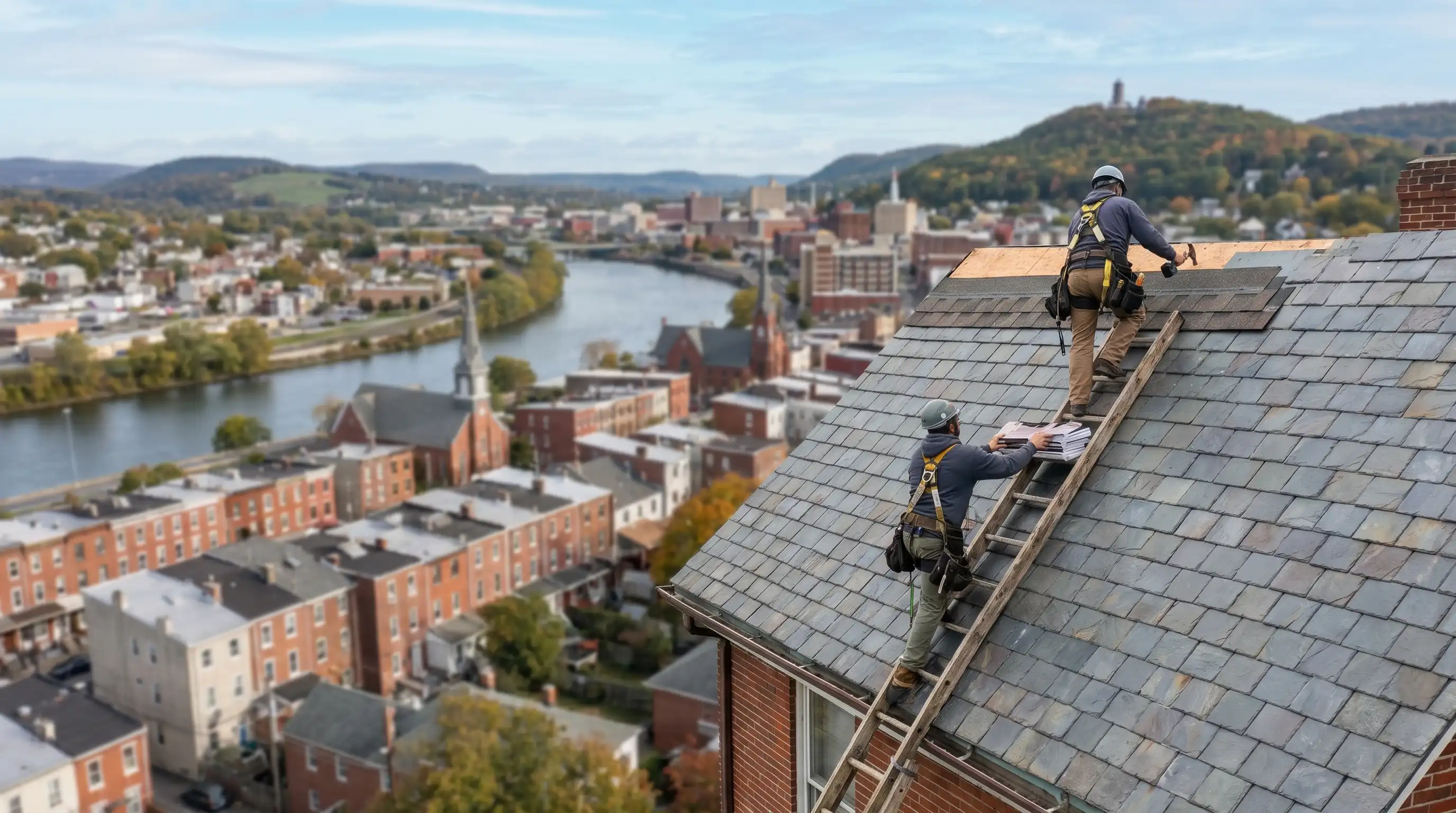 Professional roofers installing architectural shingles on a historic Victorian row house in Reading, PA with the Schuylkill River valley visible in background