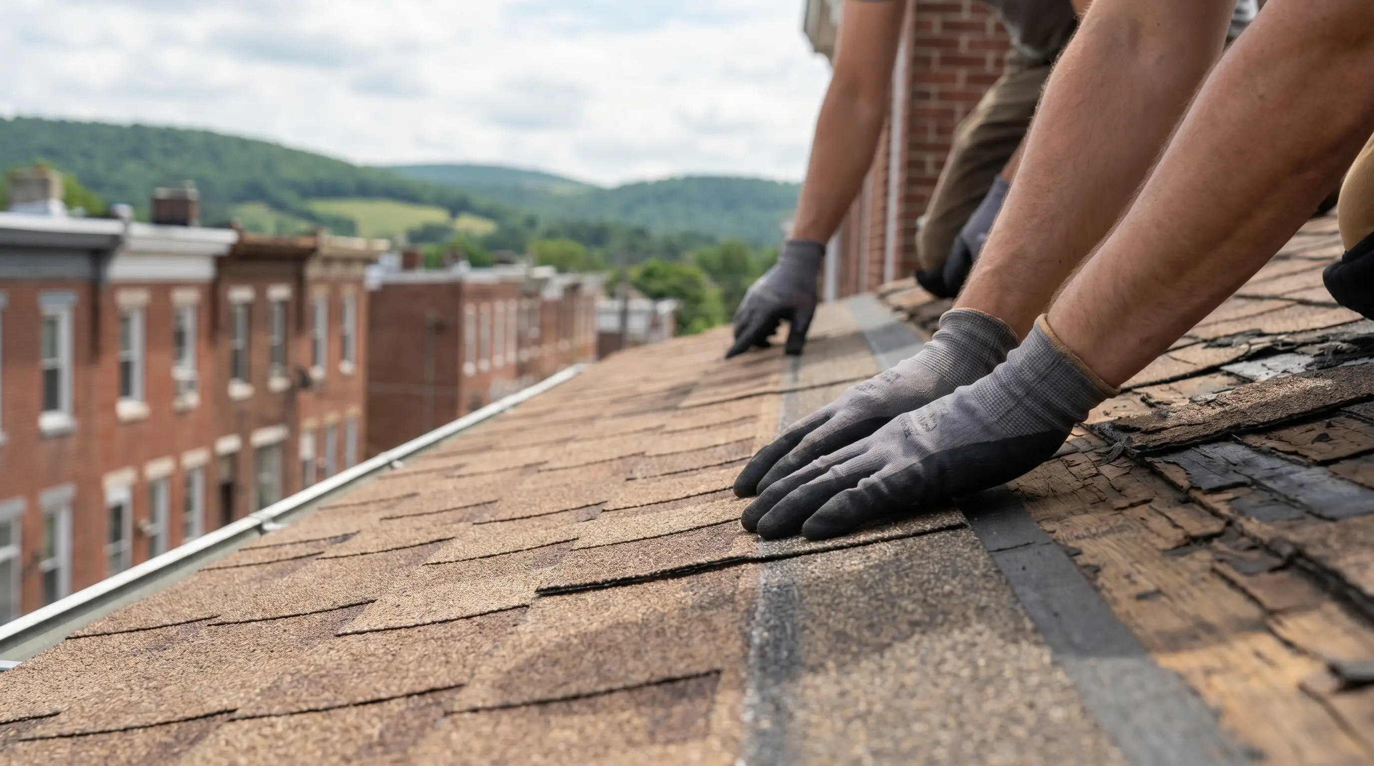 Professional roofers installing architectural shingles on a historic Victorian row house in Reading, PA with the Schuylkill River valley visible in background