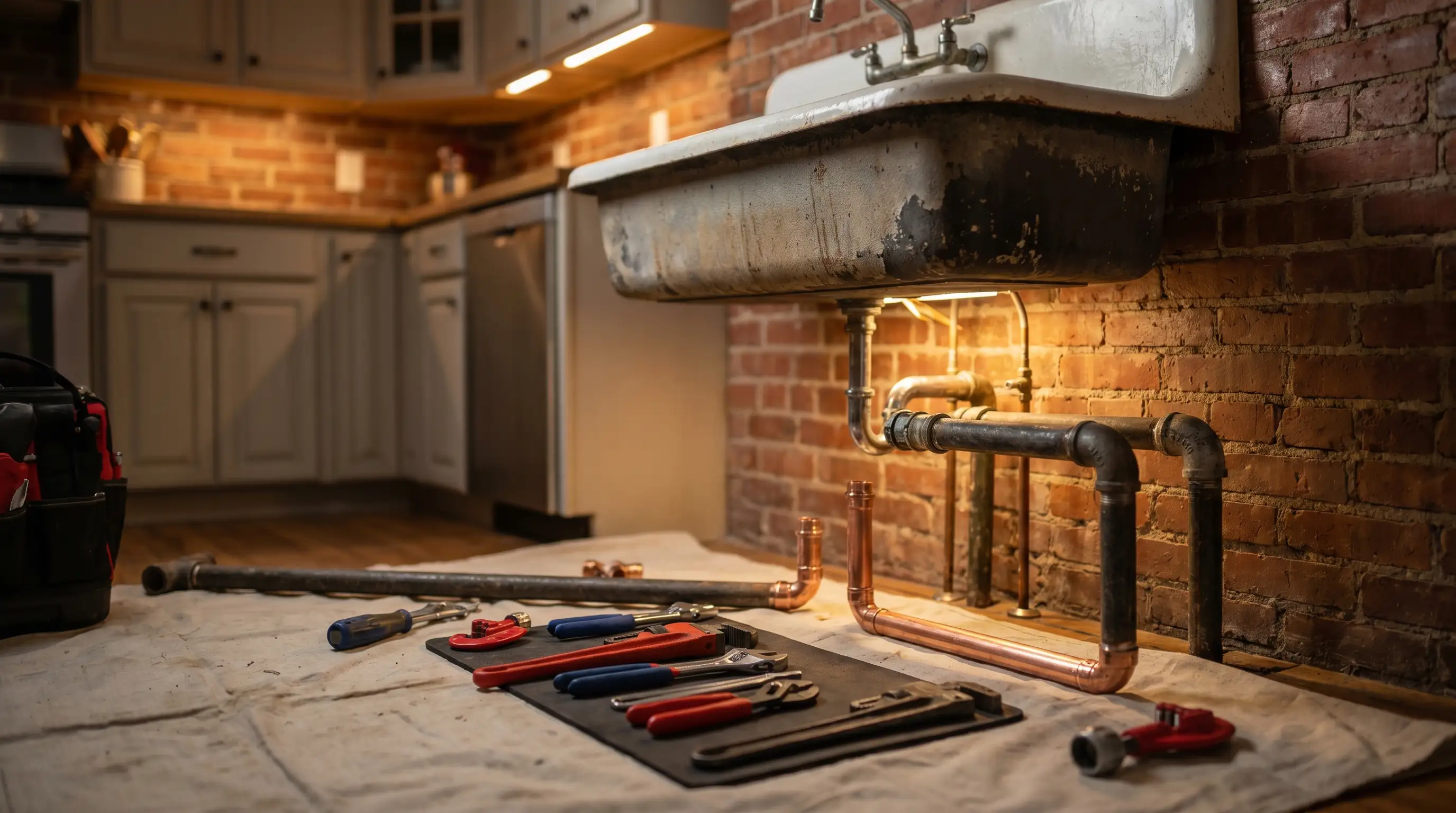 Professional plumber inspecting cast iron pipes under a sink in a pre-1960 Reading, PA row house with galvanized and copper pipe visible