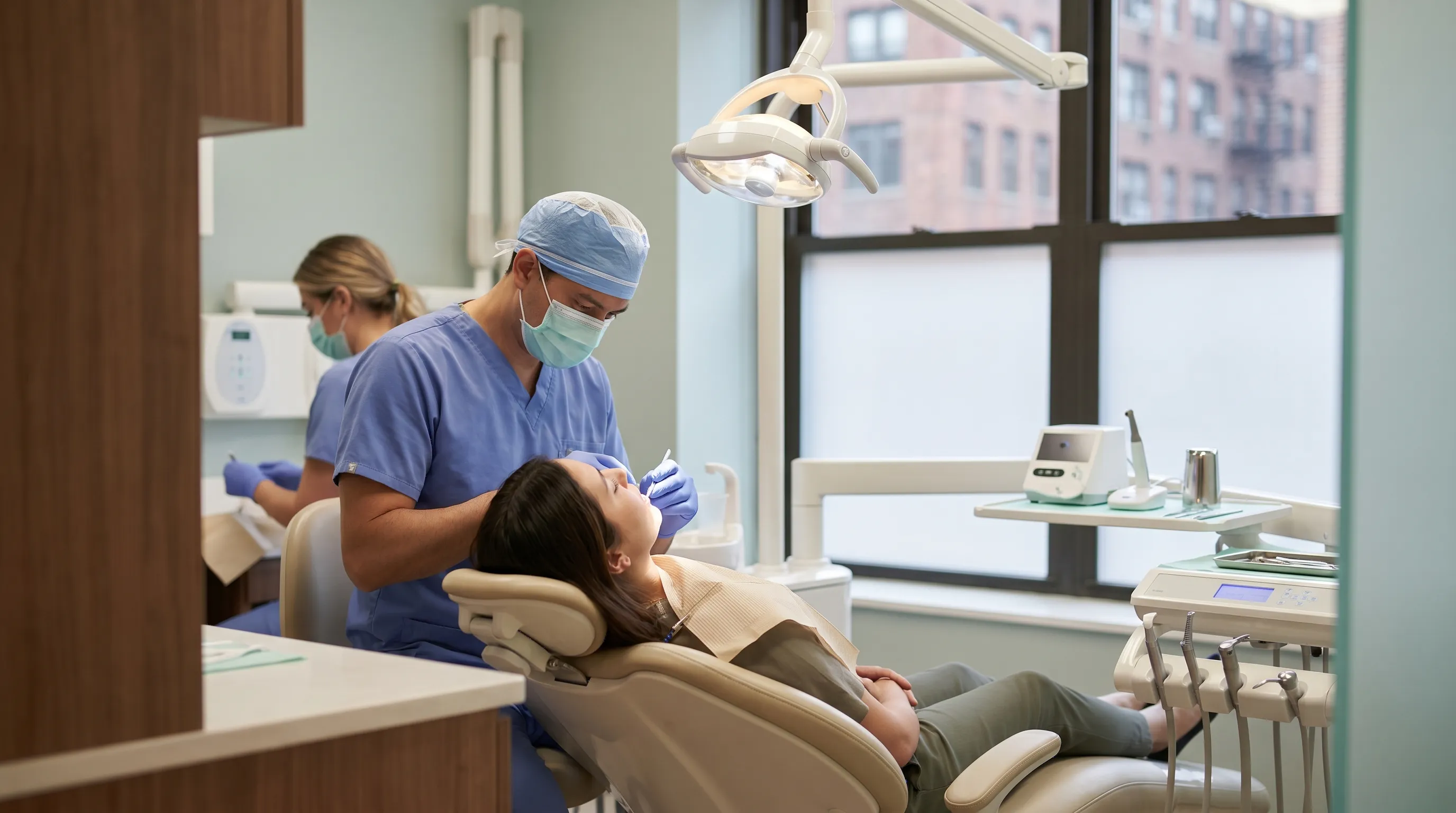 Friendly dentist in scrubs working with a patient in a modern dental operatory in Reading, PA with bright professional lighting and clean clinical environment