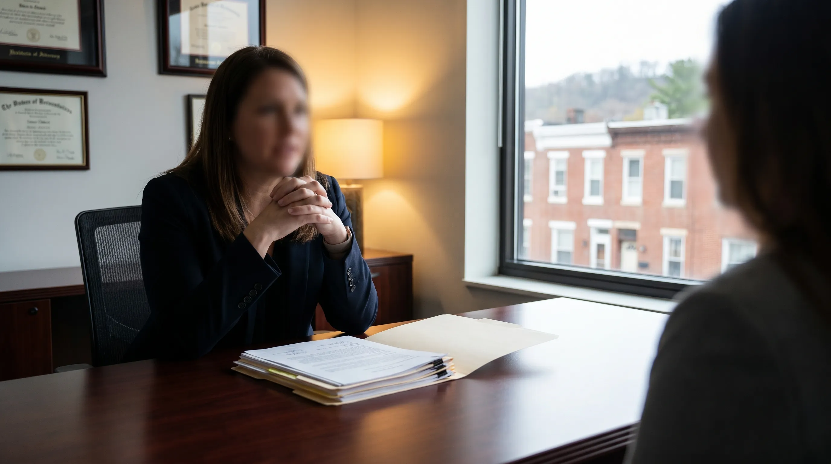 Professional personal injury attorney in a suit meeting with a client at a desk in a law office in Reading, PA, diplomas visible on wall, open case file on the desk, warm lamp light conveying trust and expertise
