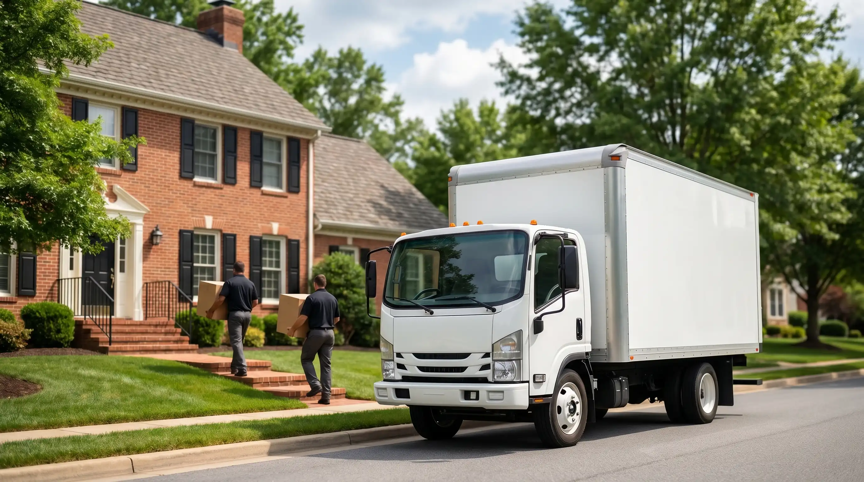 Professional movers in company shirts carrying boxes from a white branded moving truck parked in front of a classic brick colonial home on a tree-lined Berks County street, blue sky and green lawn in Reading, PA
