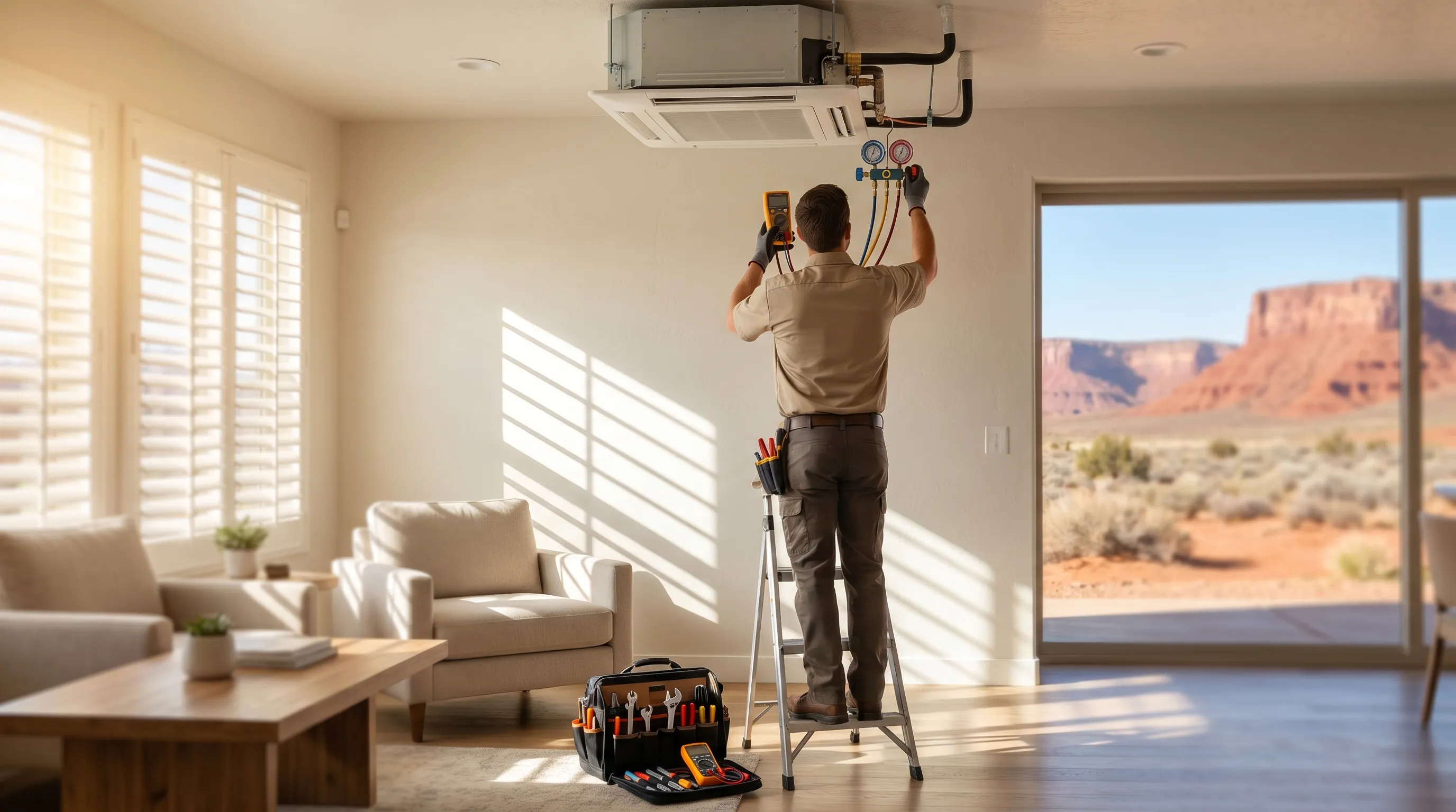 Professional HVAC technician servicing a cooling system at a stucco home in St. George, UT