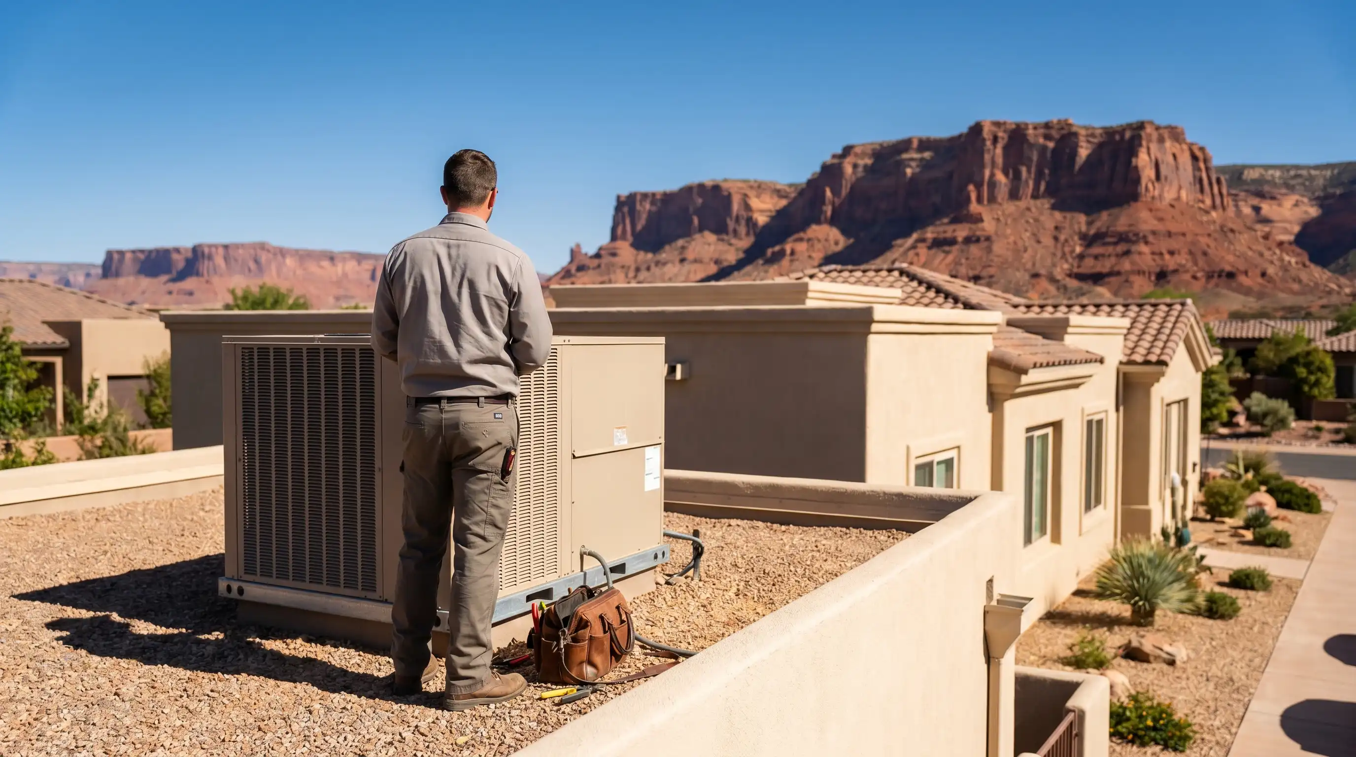 Professional HVAC technician servicing a cooling system at a stucco home in St. George, UT