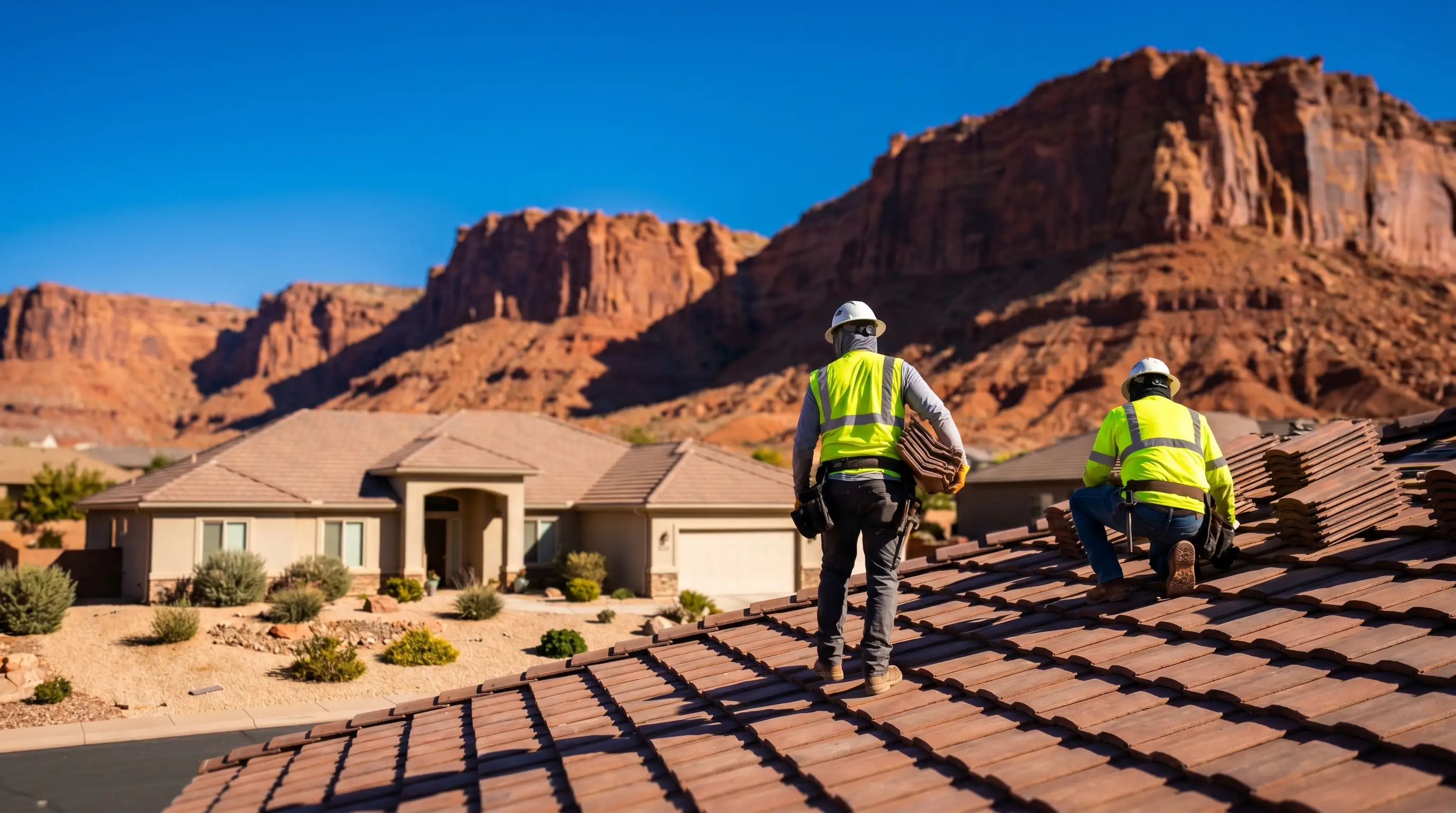 Professional roofer applying UV-resistant underlayment on a residential roof in St. George, UT