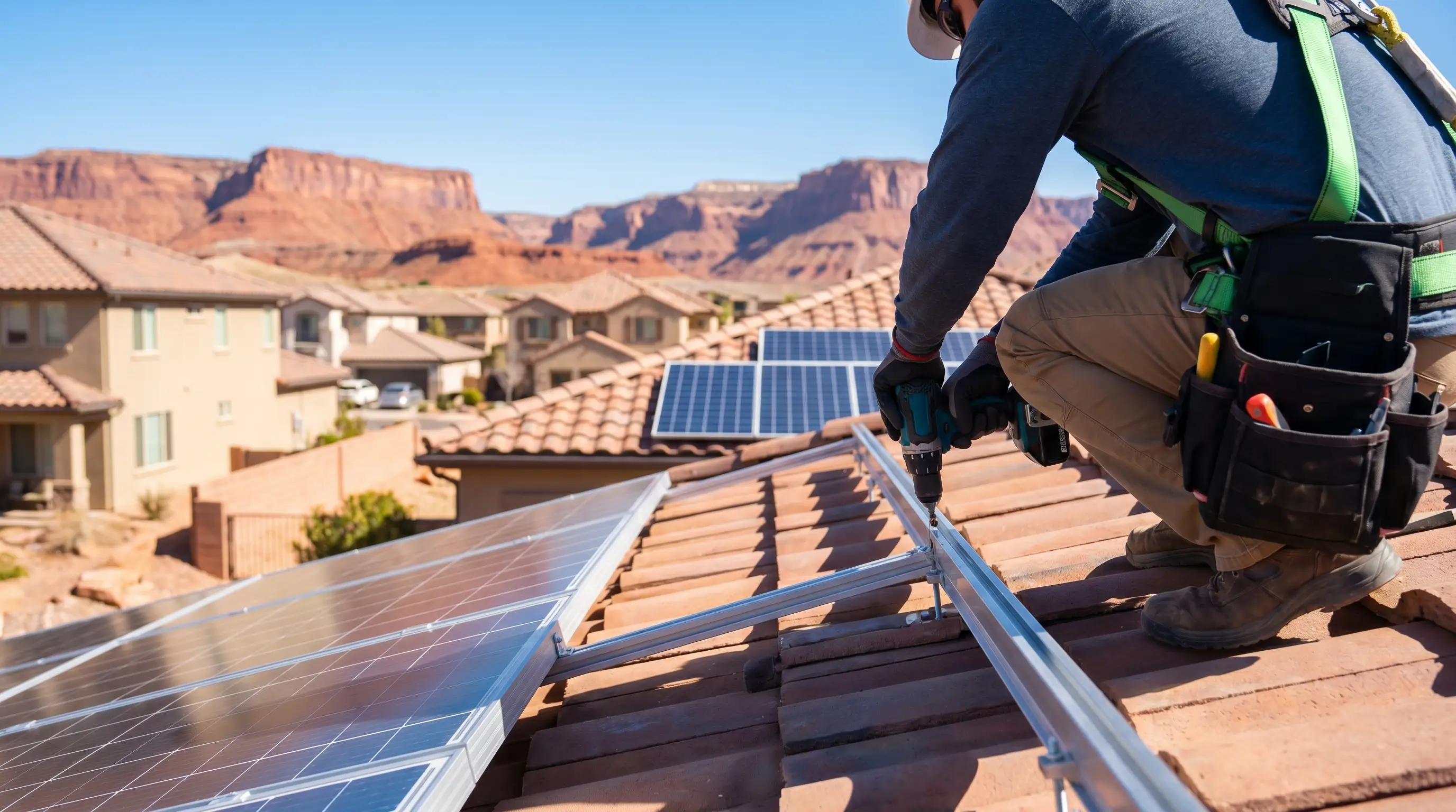 Professional solar installer securing panel mounting rails on a residential rooftop in St. George, UT
