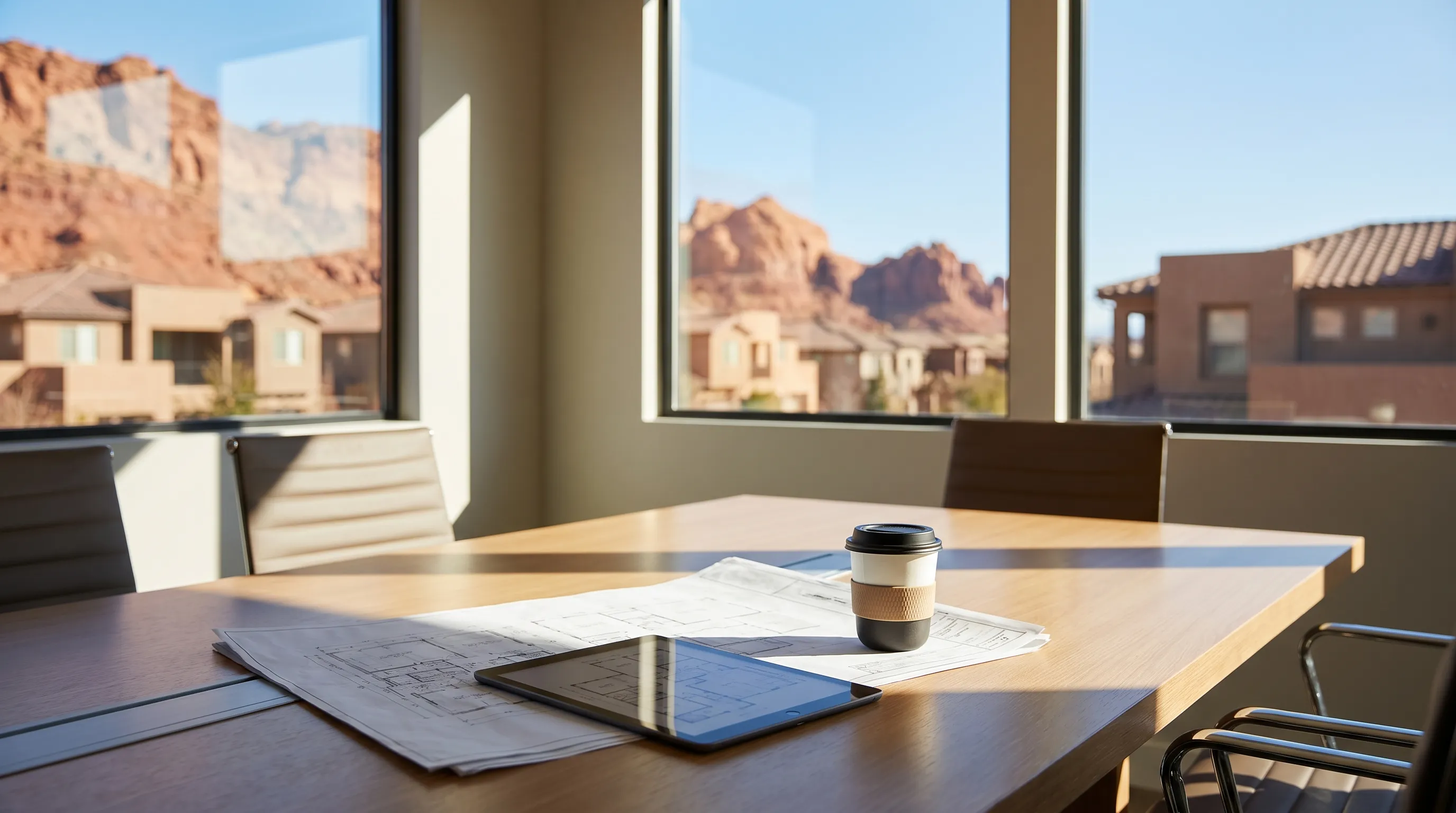 Real estate agent reviewing home listing materials with a couple at a conference table in St. George, UT