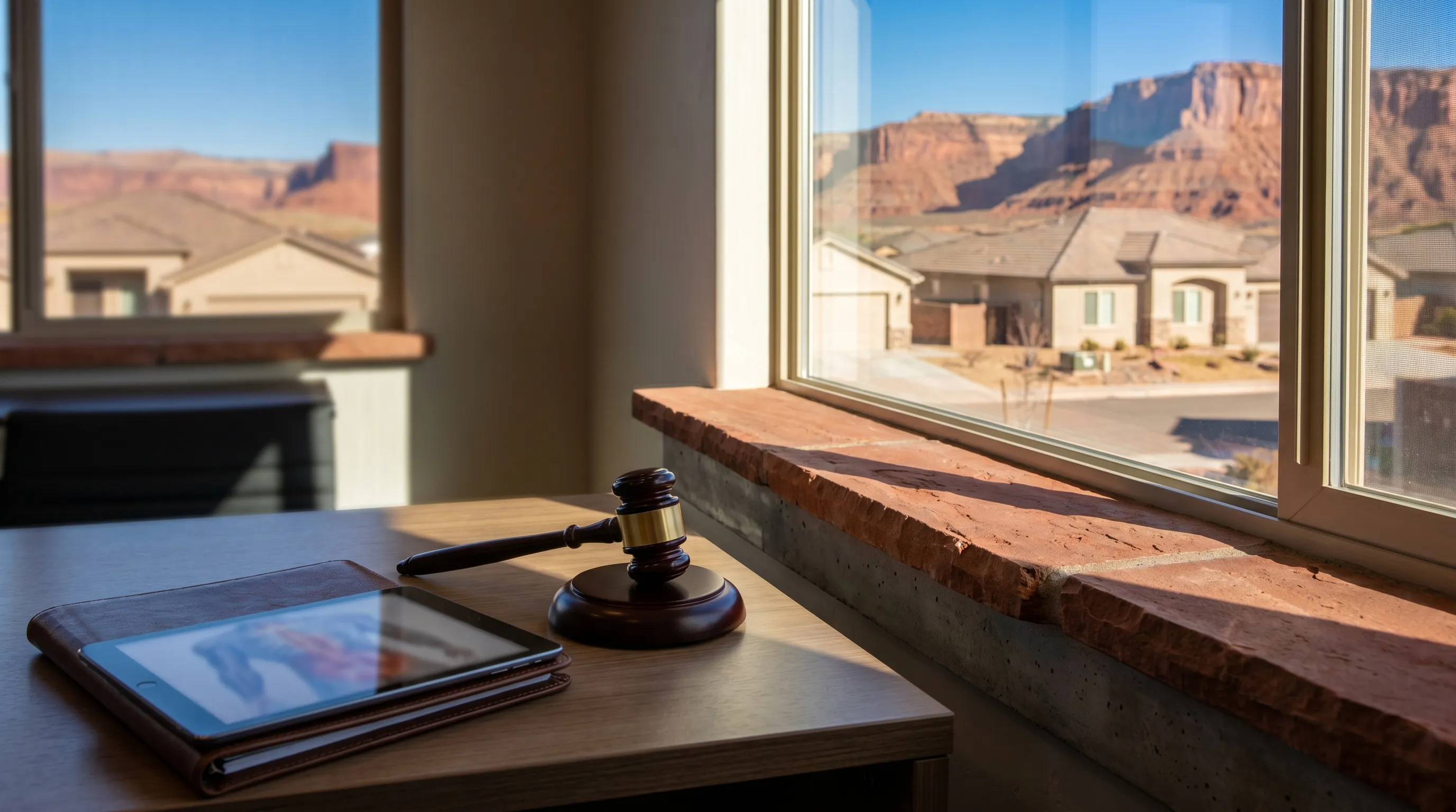 Personal injury attorney meeting with a client across a conference table in a professional law office in St. George, UT