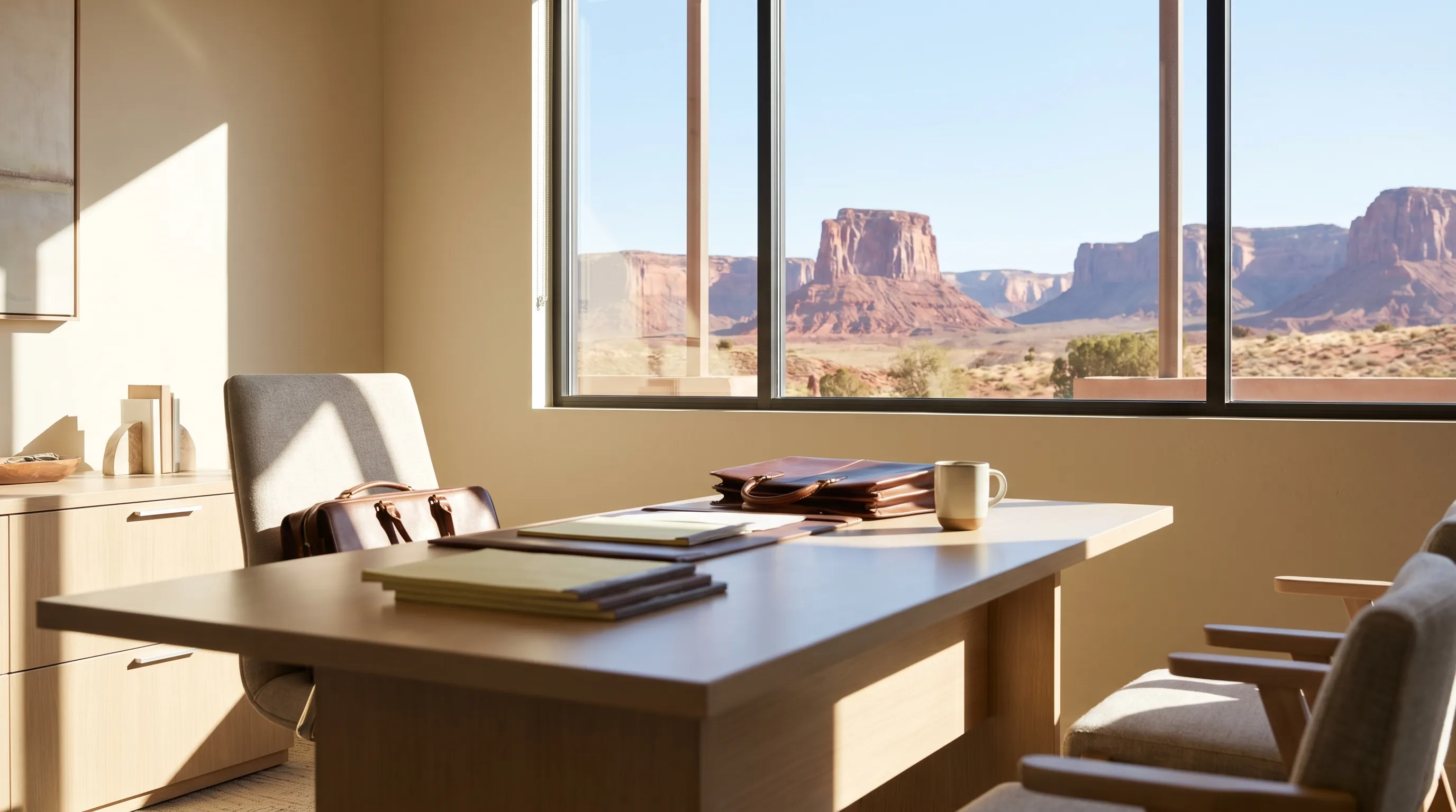 Personal injury attorney meeting with a client across a conference table in a professional law office in St. George, UT