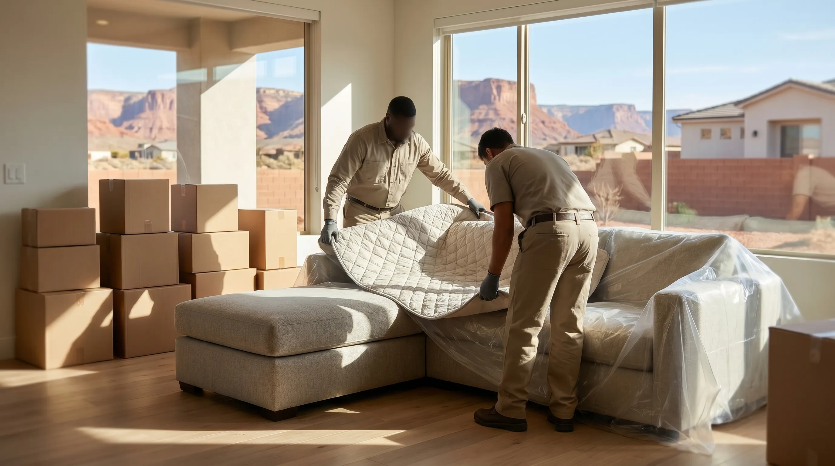 Two professional movers carefully loading furniture into a moving truck outside a new home in St. George, UT