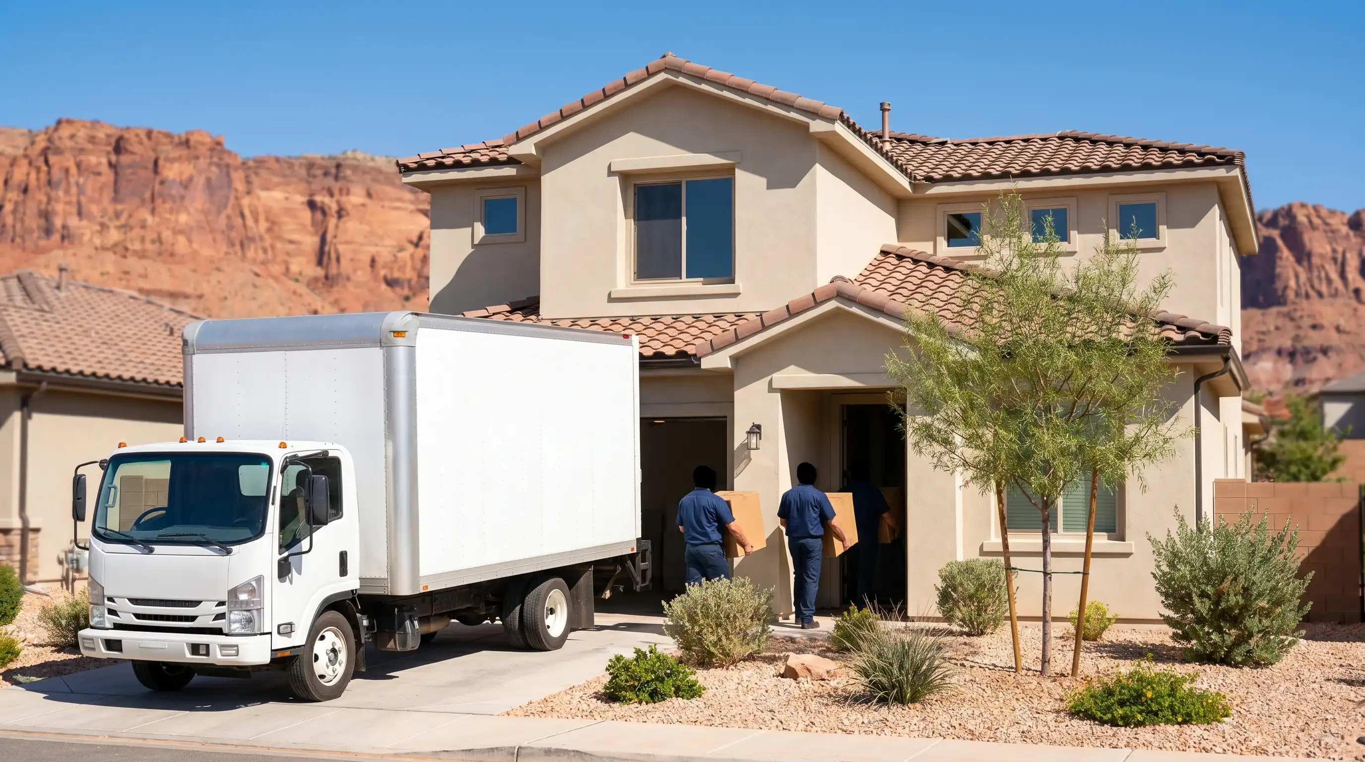 Two professional movers carefully loading furniture into a moving truck outside a new home in St. George, UT