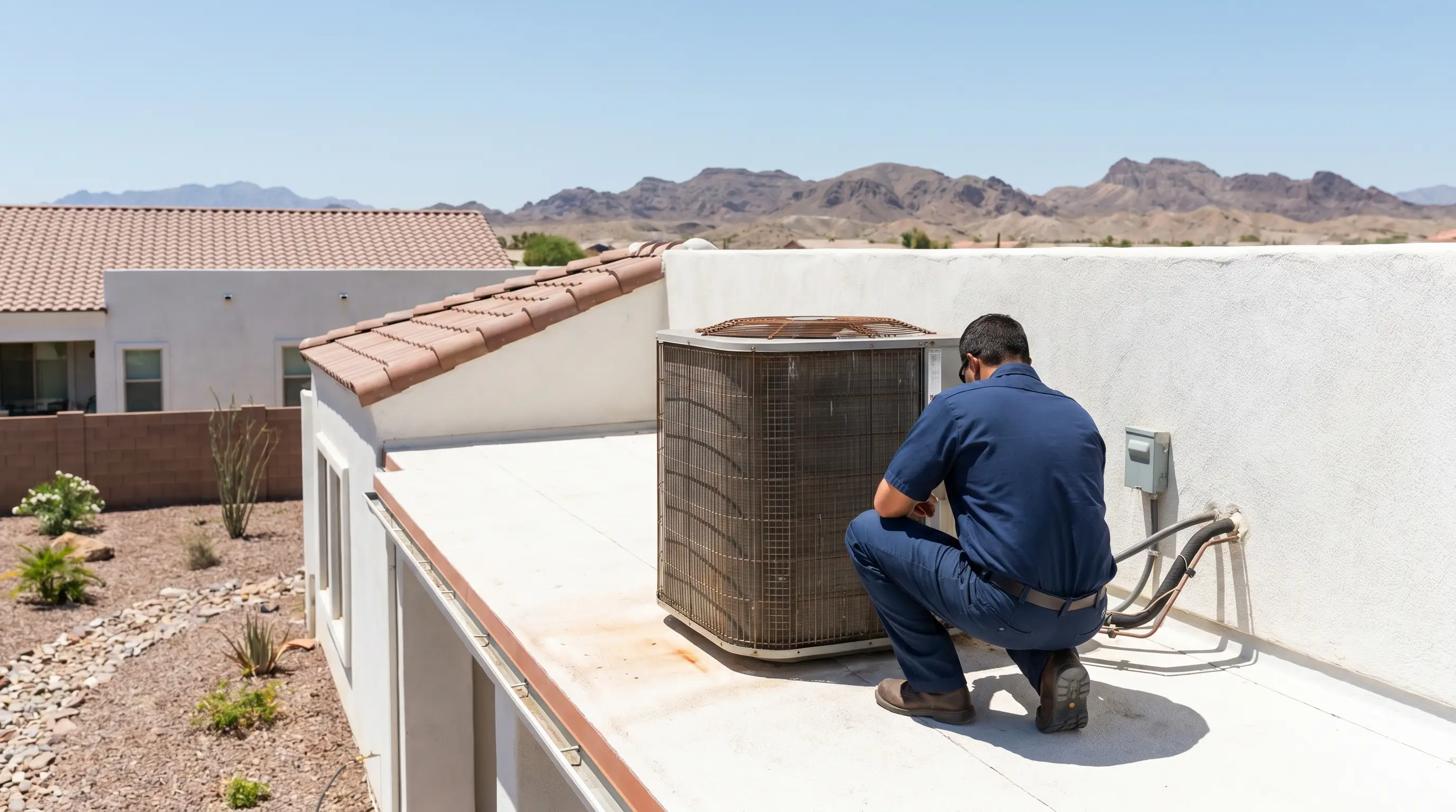 Professional HVAC technician servicing a rooftop air conditioner unit on a stucco home in Yuma, AZ