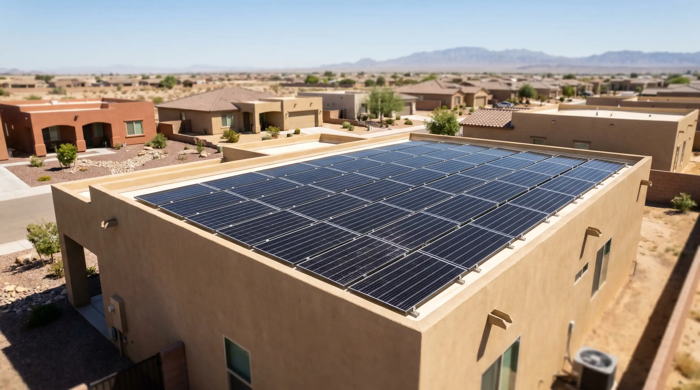 Professional solar installation on a flat stucco rooftop in Yuma, AZ with desert landscape in background