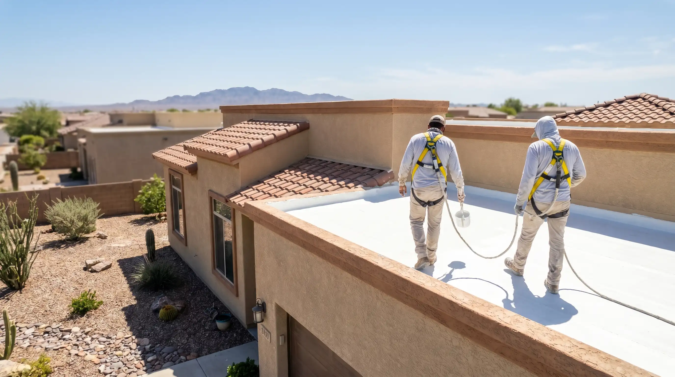 Roofing crew applying foam coating on a flat stucco home rooftop in Yuma, AZ under desert sun