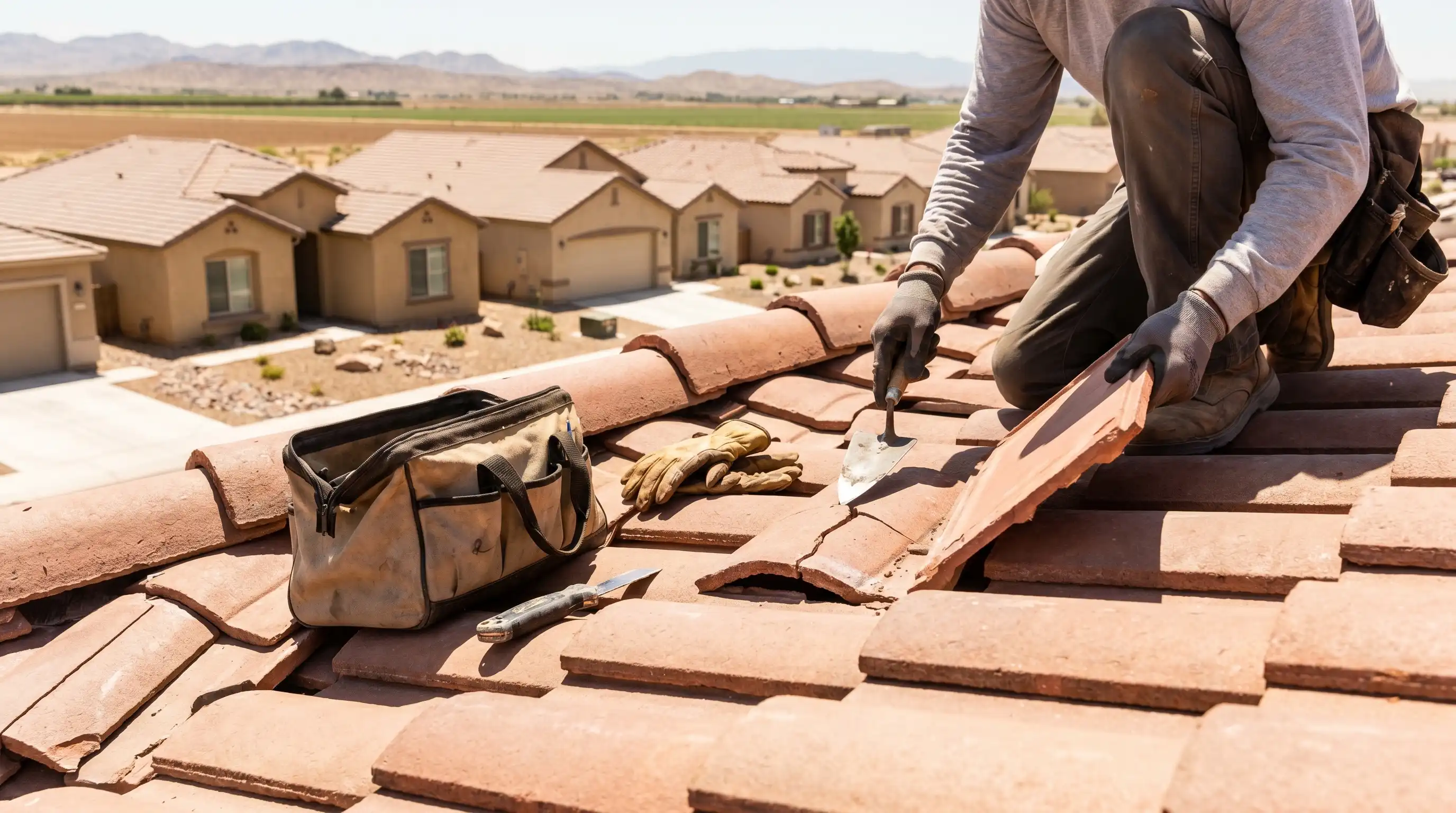 Roofing crew applying foam coating on a flat stucco home rooftop in Yuma, AZ under desert sun