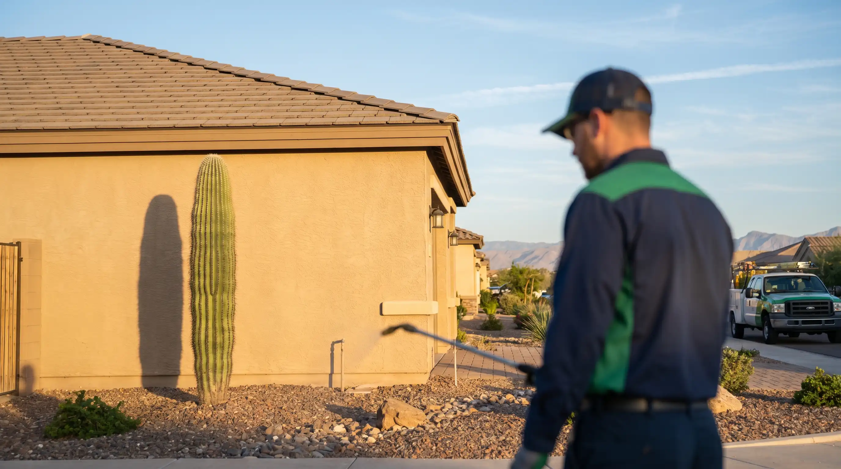 Pest control technician spraying foundation perimeter of a stucco home in Yuma, AZ at dusk