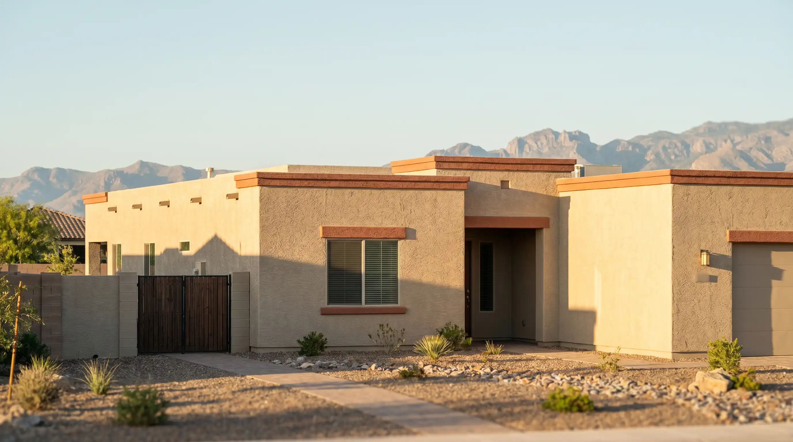 Real estate agent showing a stucco home in Yuma, AZ to a couple in warm late-afternoon desert light