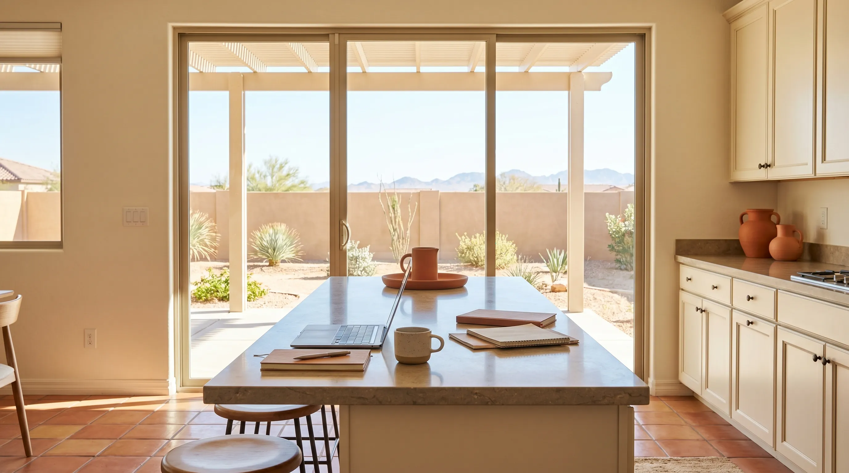Real estate agent showing a stucco home in Yuma, AZ to a couple in warm late-afternoon desert light