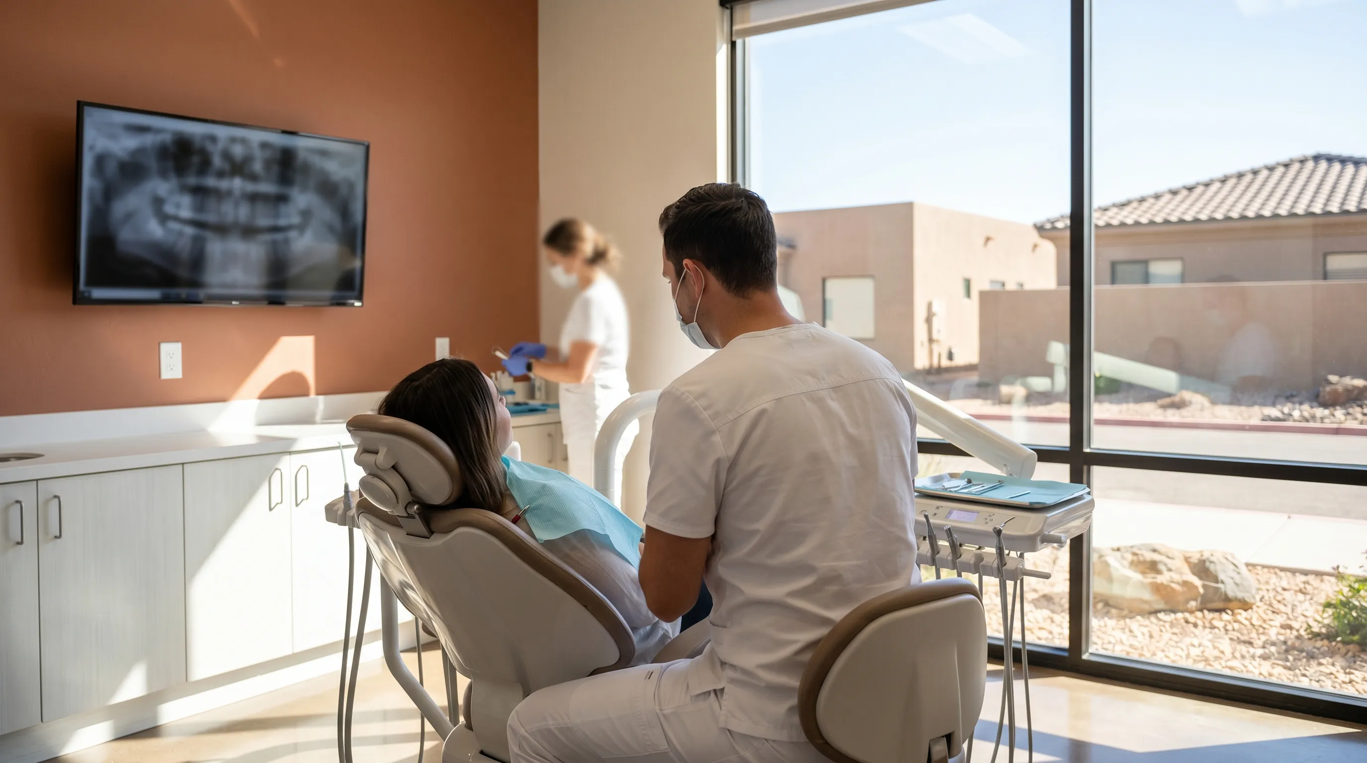 Dentist reviewing dental X-ray with a patient in a modern dental treatment room in Yuma, AZ