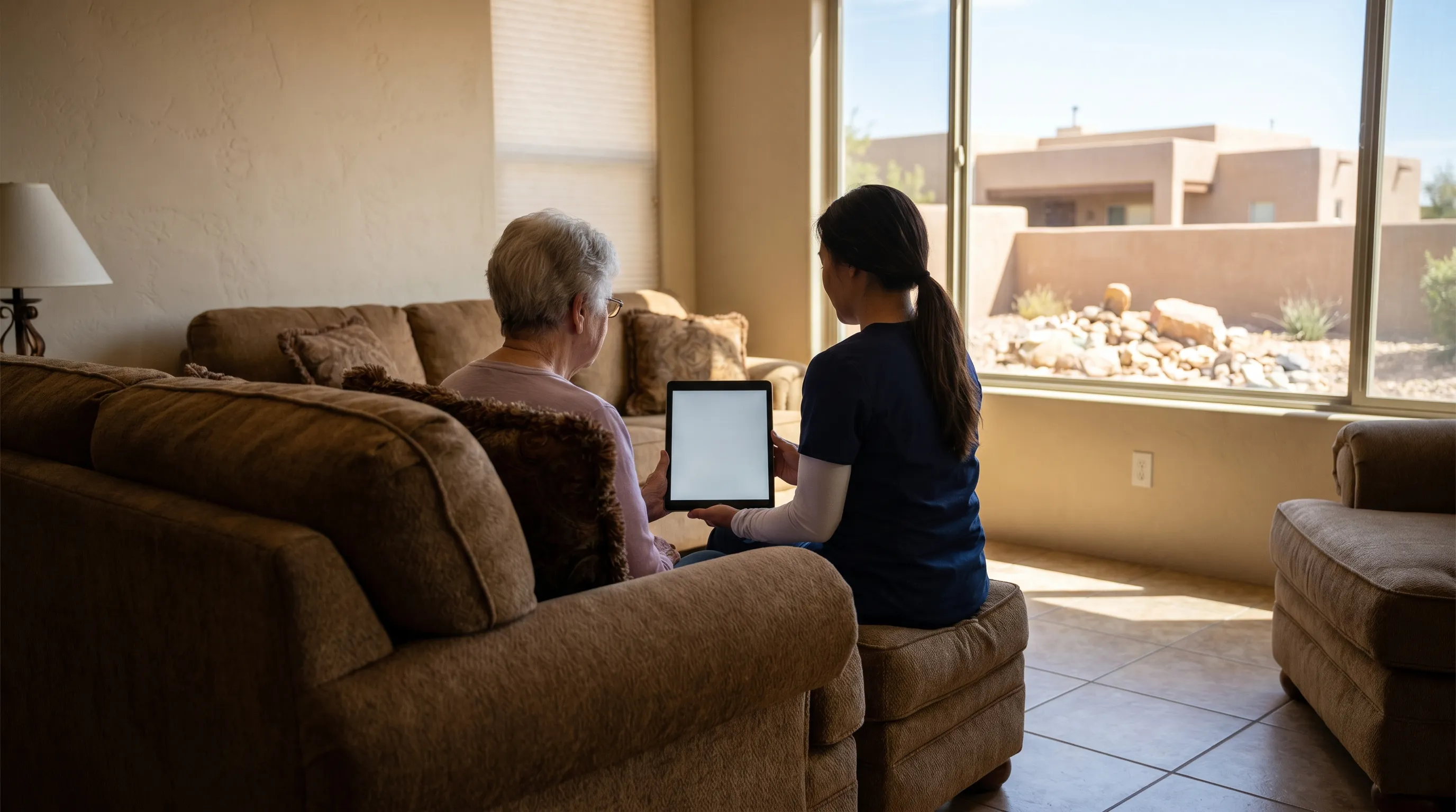 Caregiver and elderly resident looking at family photos together in a sunny Yuma, AZ senior living community