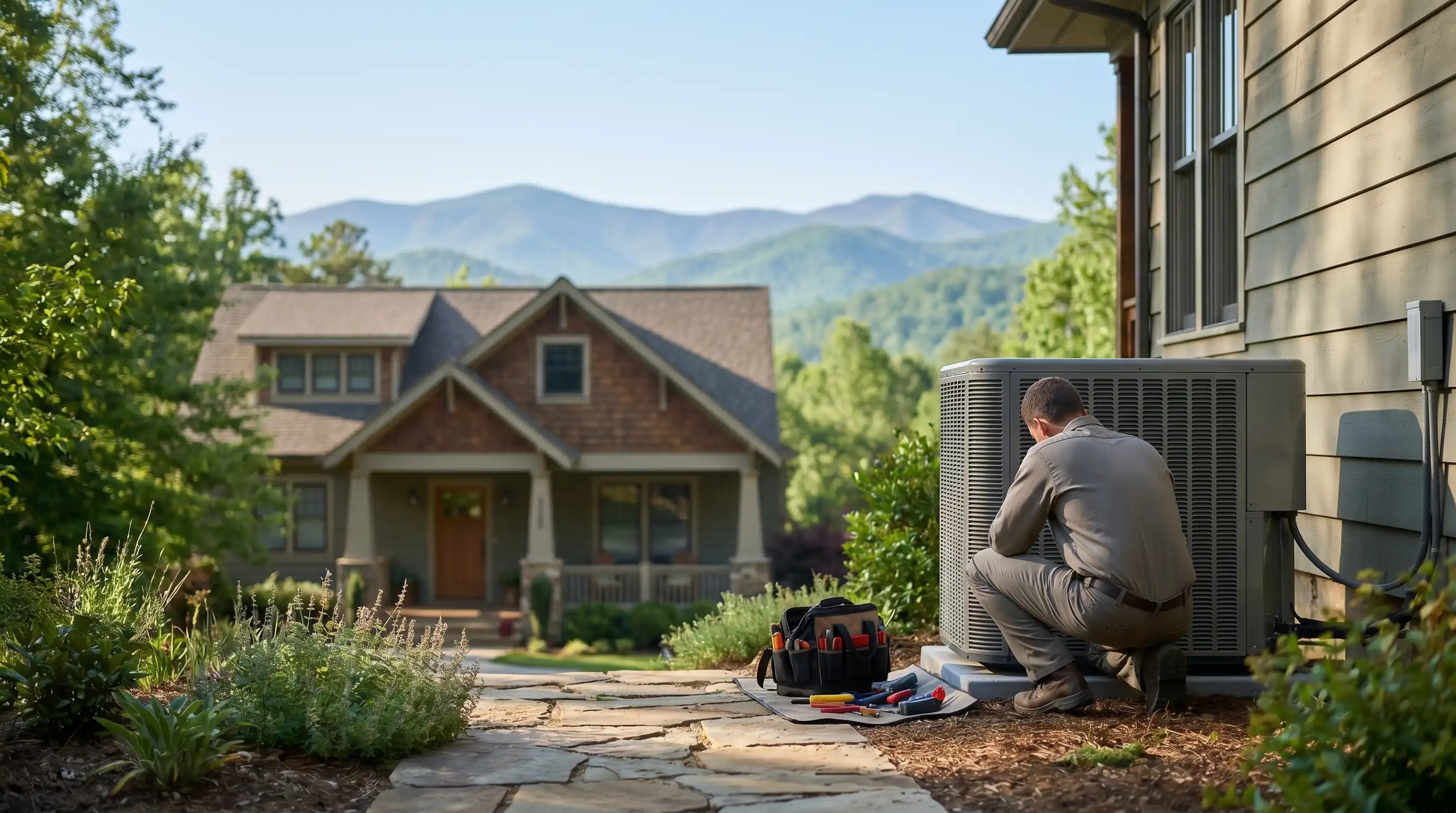 Professional HVAC technician servicing a system at a craftsman-style home in Asheville, NC, with Blue Ridge Mountain backdrop