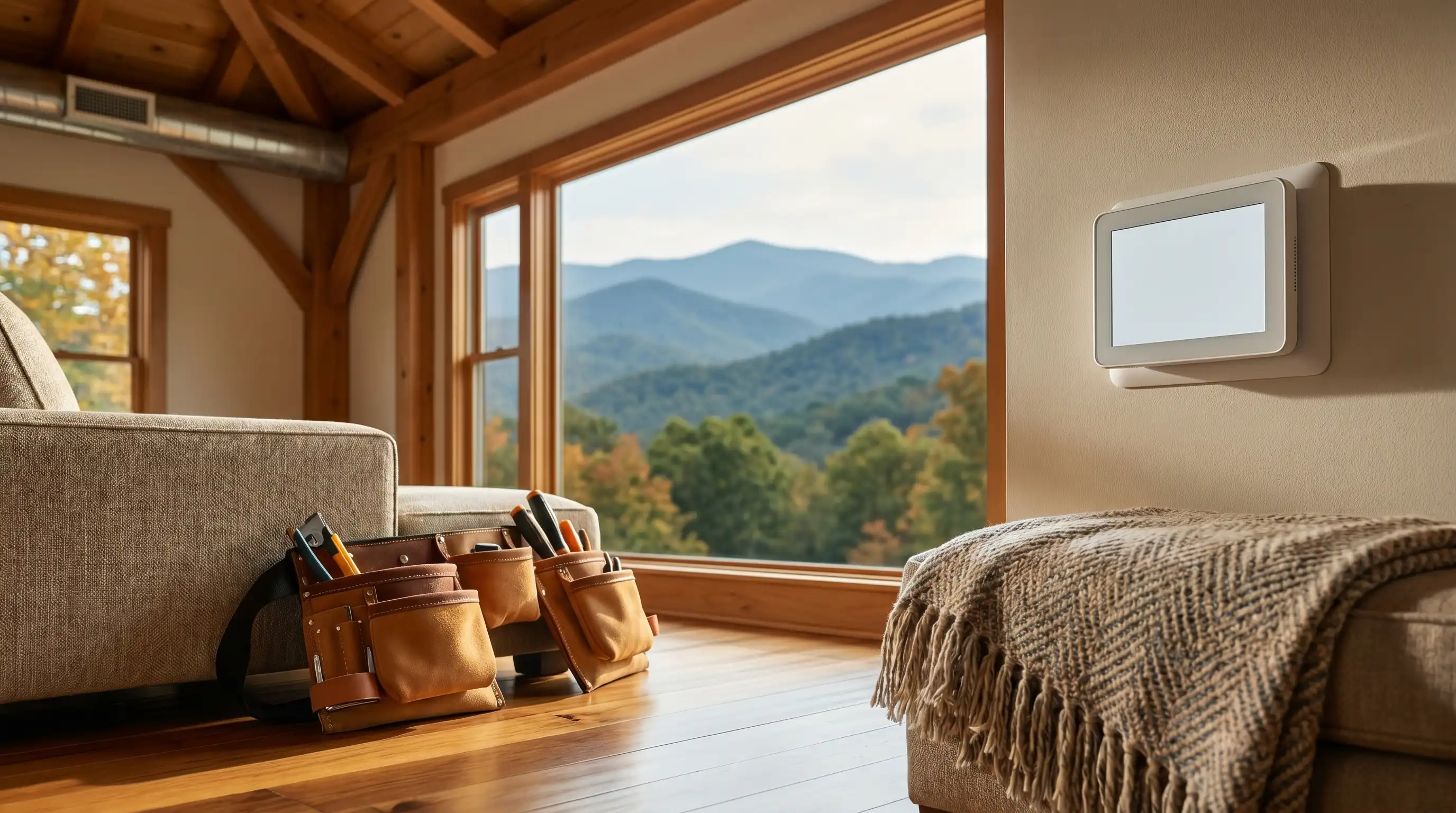 Professional HVAC technician servicing a system at a craftsman-style home in Asheville, NC, with Blue Ridge Mountain backdrop