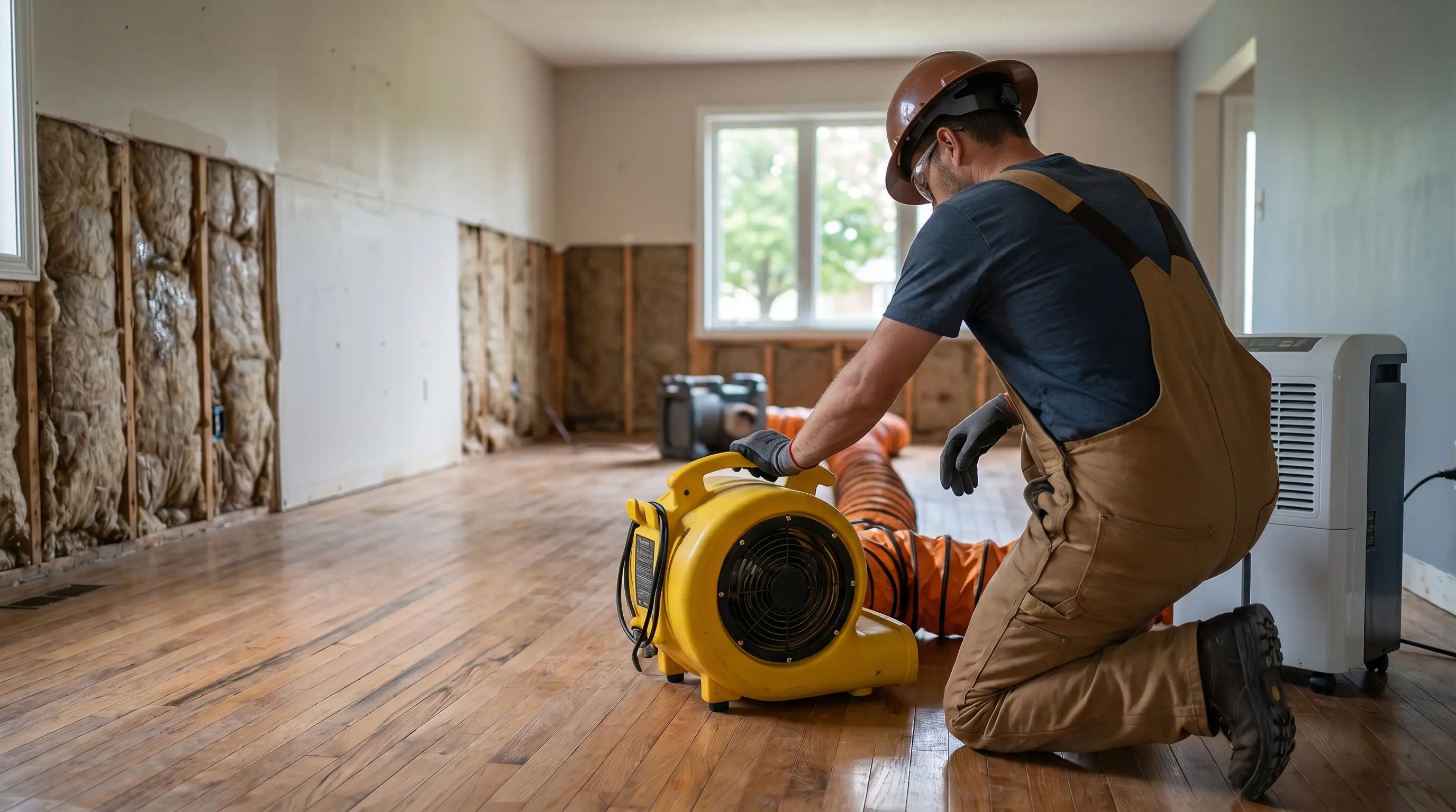 Water damage restoration technician operating air movers in a residential home in Asheville, NC, post-Hurricane Helene flood recovery