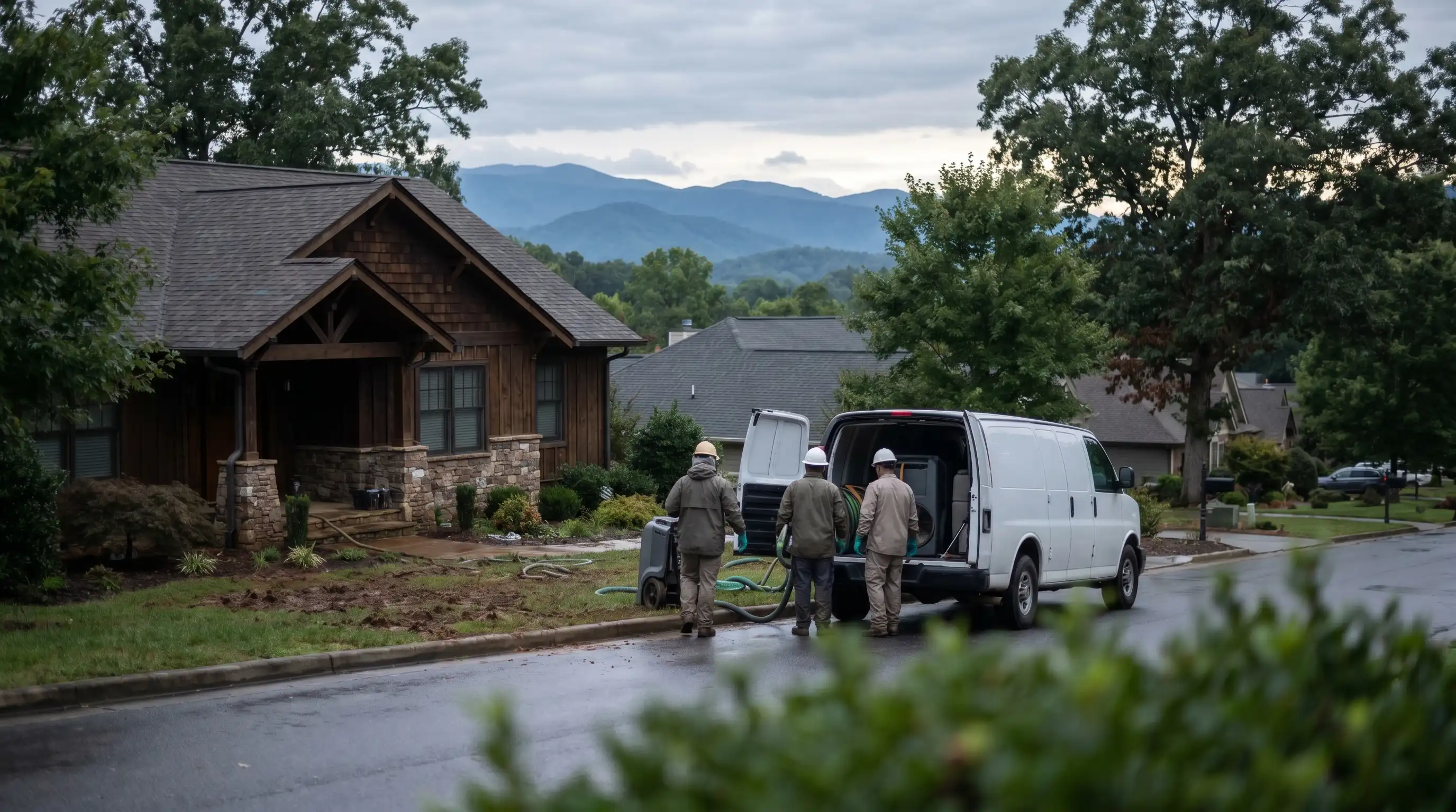 Water damage restoration technician operating air movers in a residential home in Asheville, NC, post-Hurricane Helene flood recovery