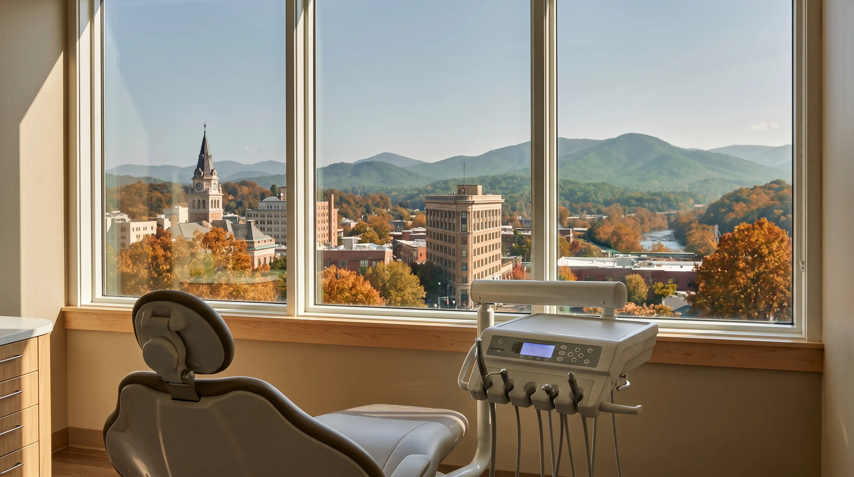 Professional dentist consulting with a patient in a modern dental office in Asheville, NC, near Mission Hospital corridor