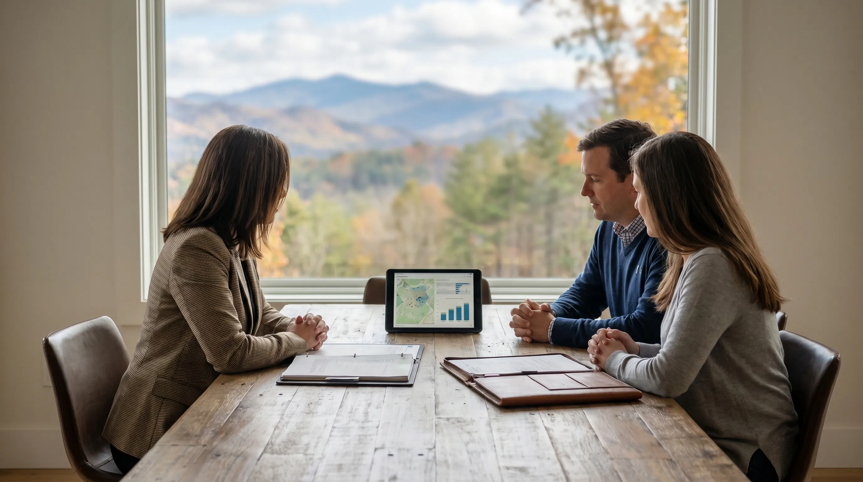 Real estate agent reviewing property listings with a couple at a kitchen table inside a craftsman-style home in Asheville, NC, mountain view through window