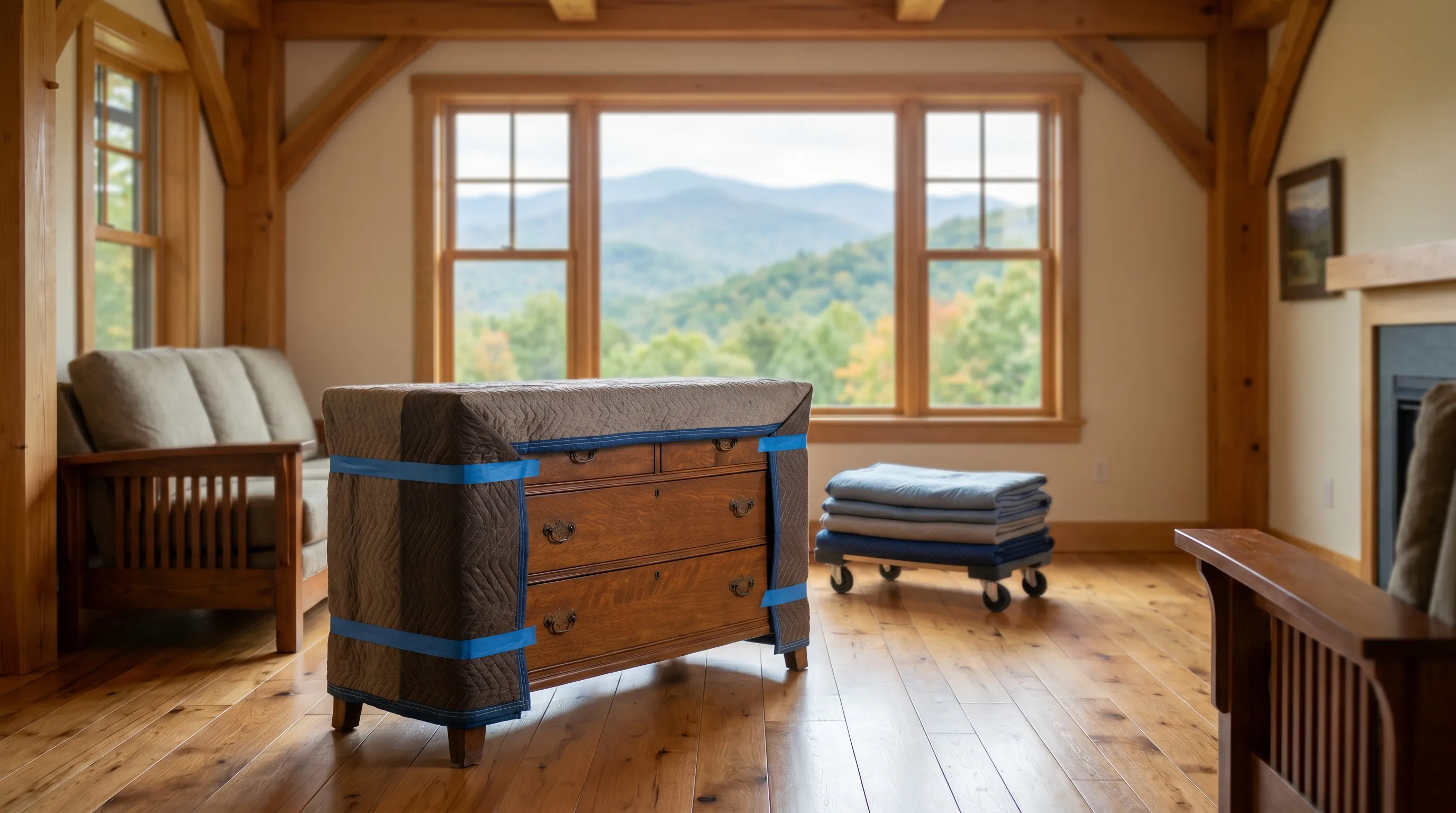 Professional moving crew carefully loading furniture onto a branded moving truck outside a craftsman-style home in Asheville, NC, with Blue Ridge Mountain treeline in background