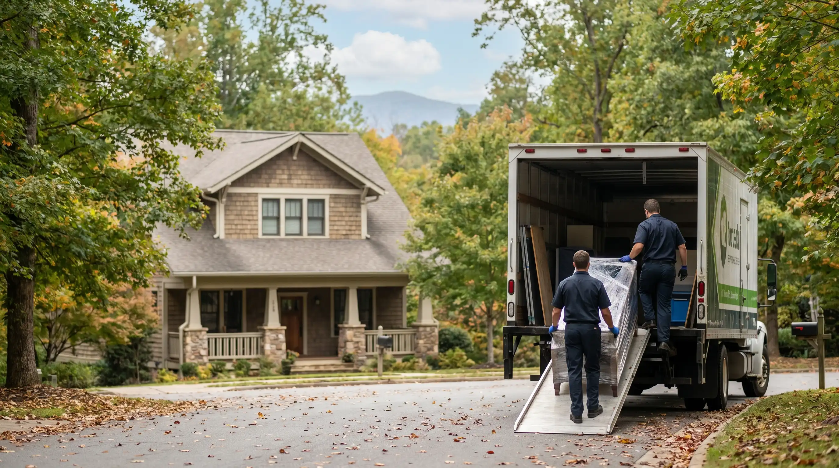 Professional moving crew carefully loading furniture onto a branded moving truck outside a craftsman-style home in Asheville, NC, with Blue Ridge Mountain treeline in background