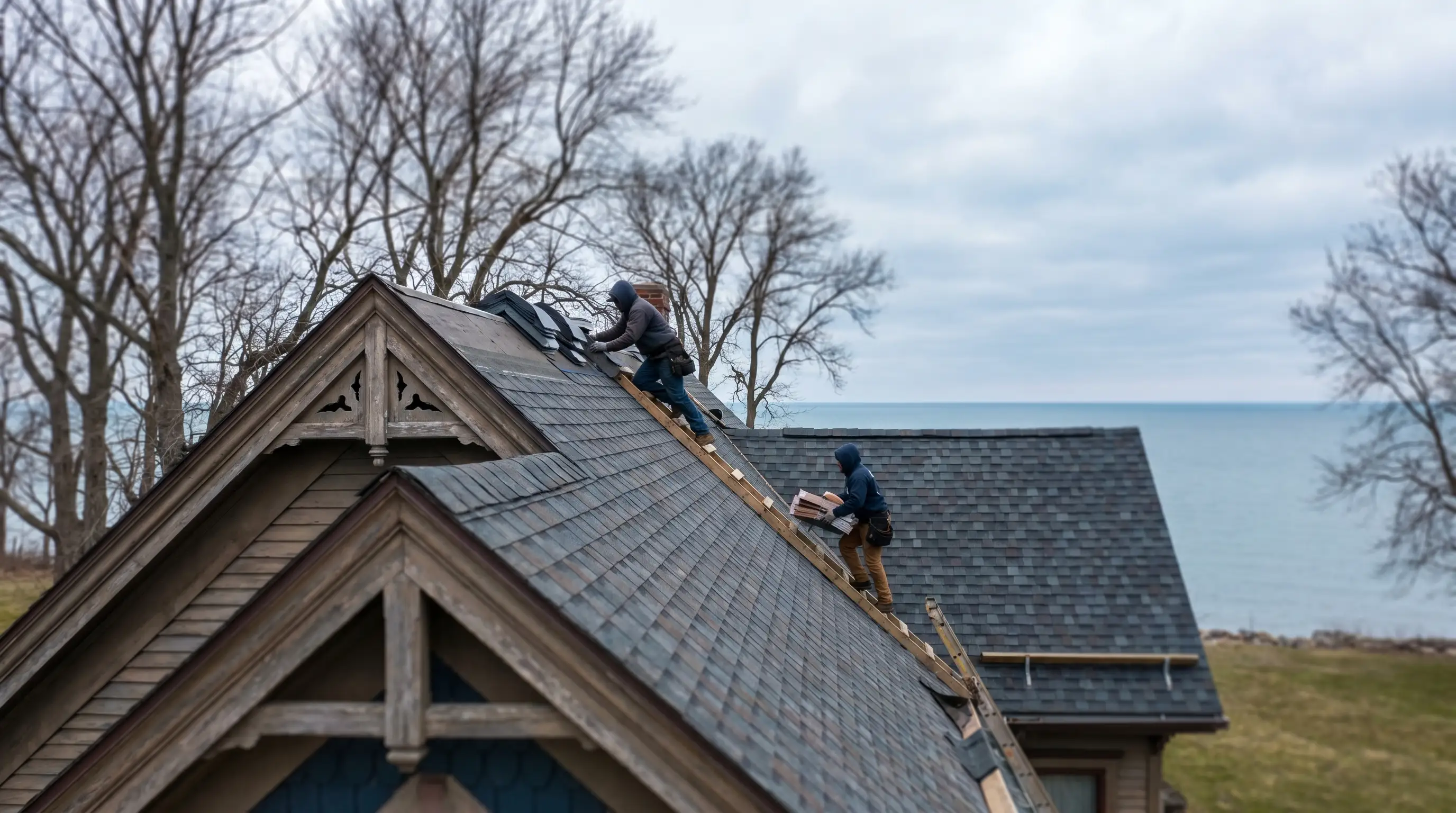 Professional roofer installing shingles on a Victorian-era home in Erie, PA