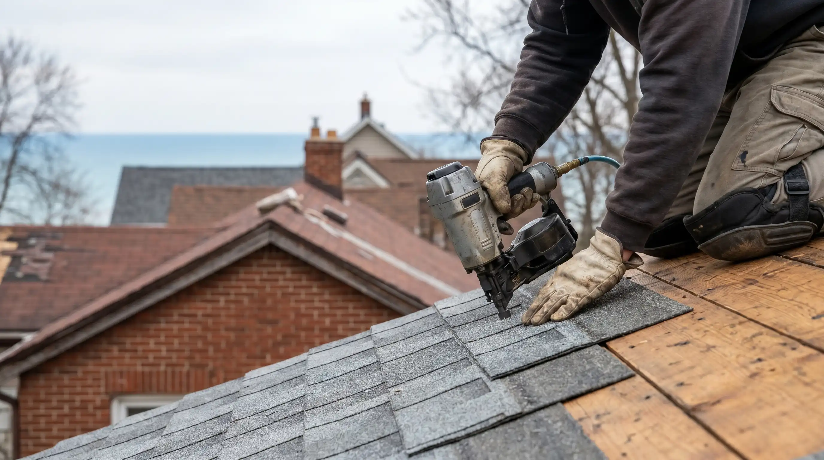 Professional roofer installing shingles on a Victorian-era home in Erie, PA