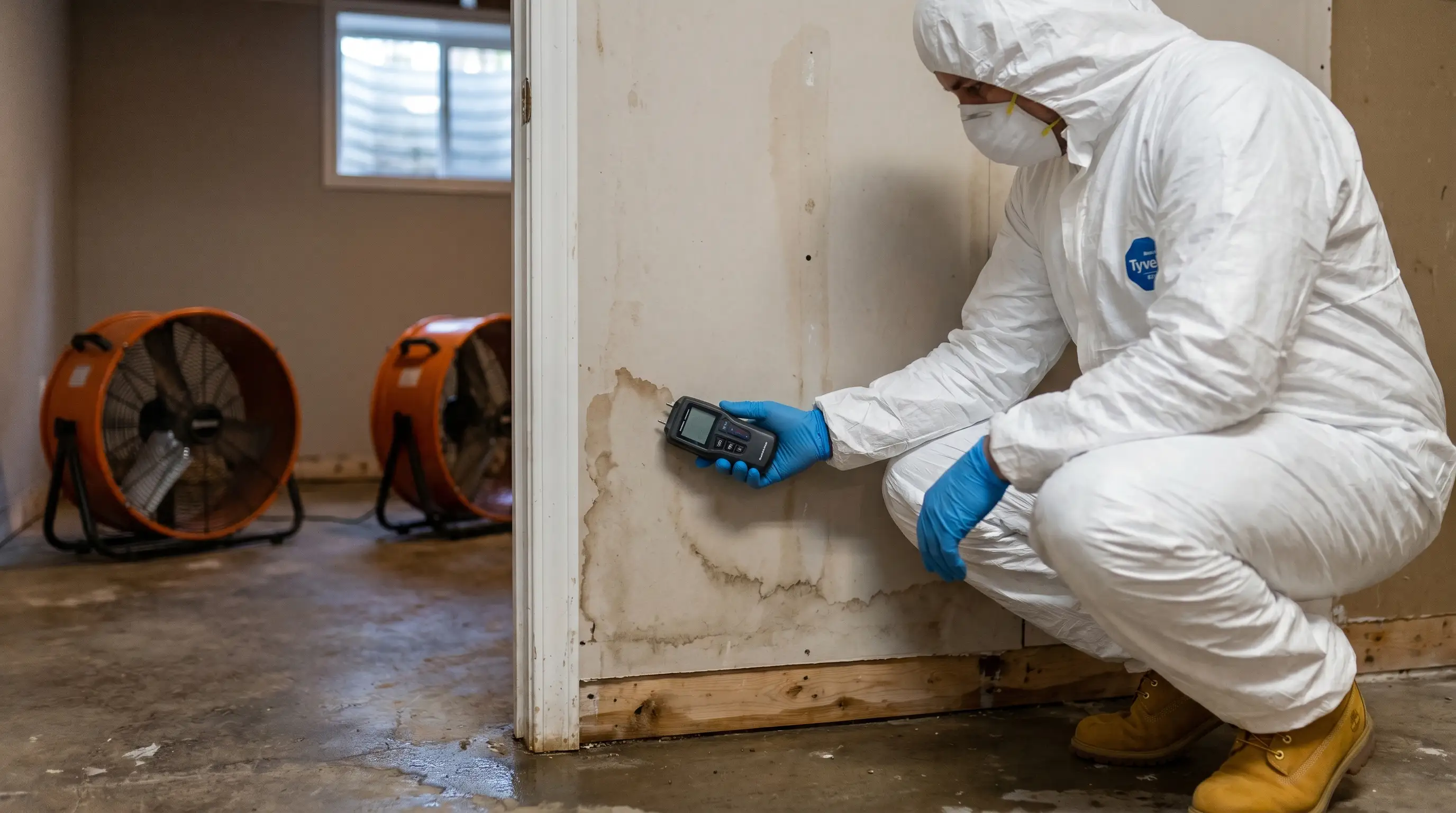 Water damage restoration technician using moisture meter in a flooded Erie, PA basement