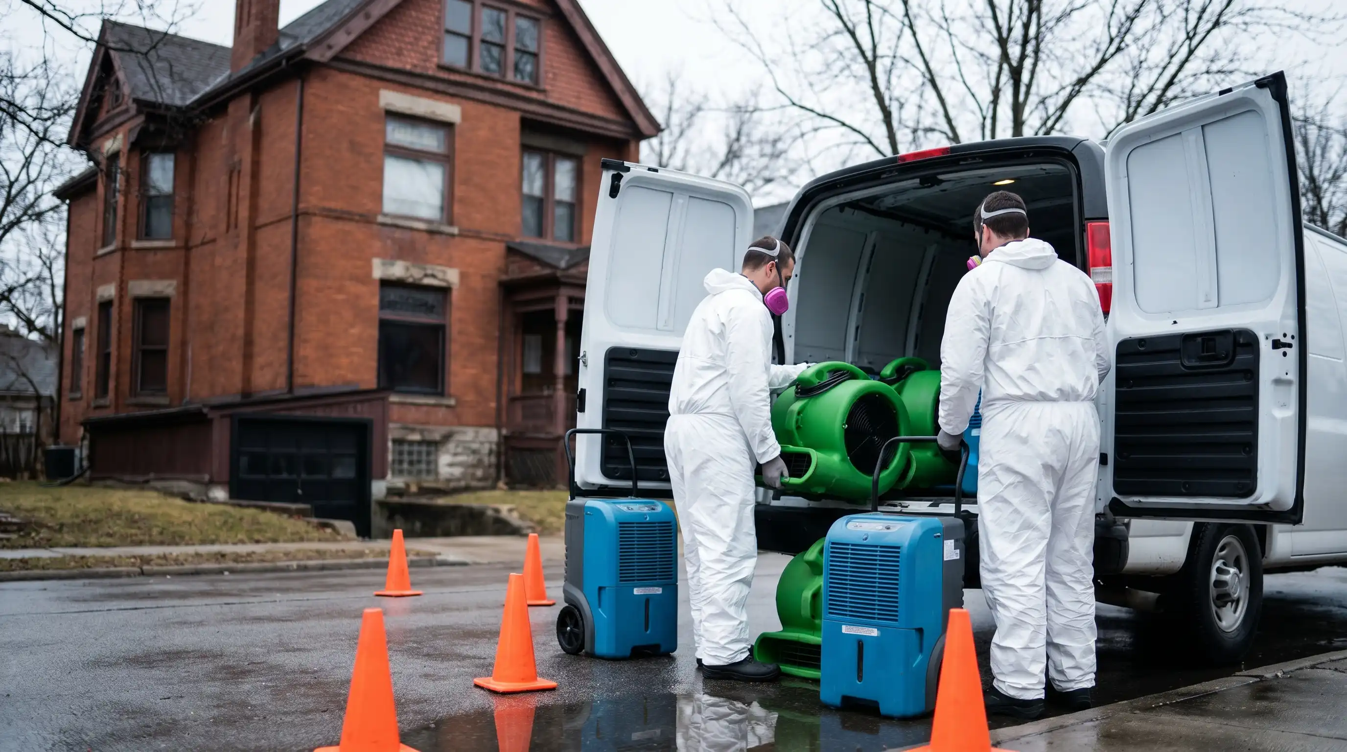 Water damage restoration technician using moisture meter in a flooded Erie, PA basement