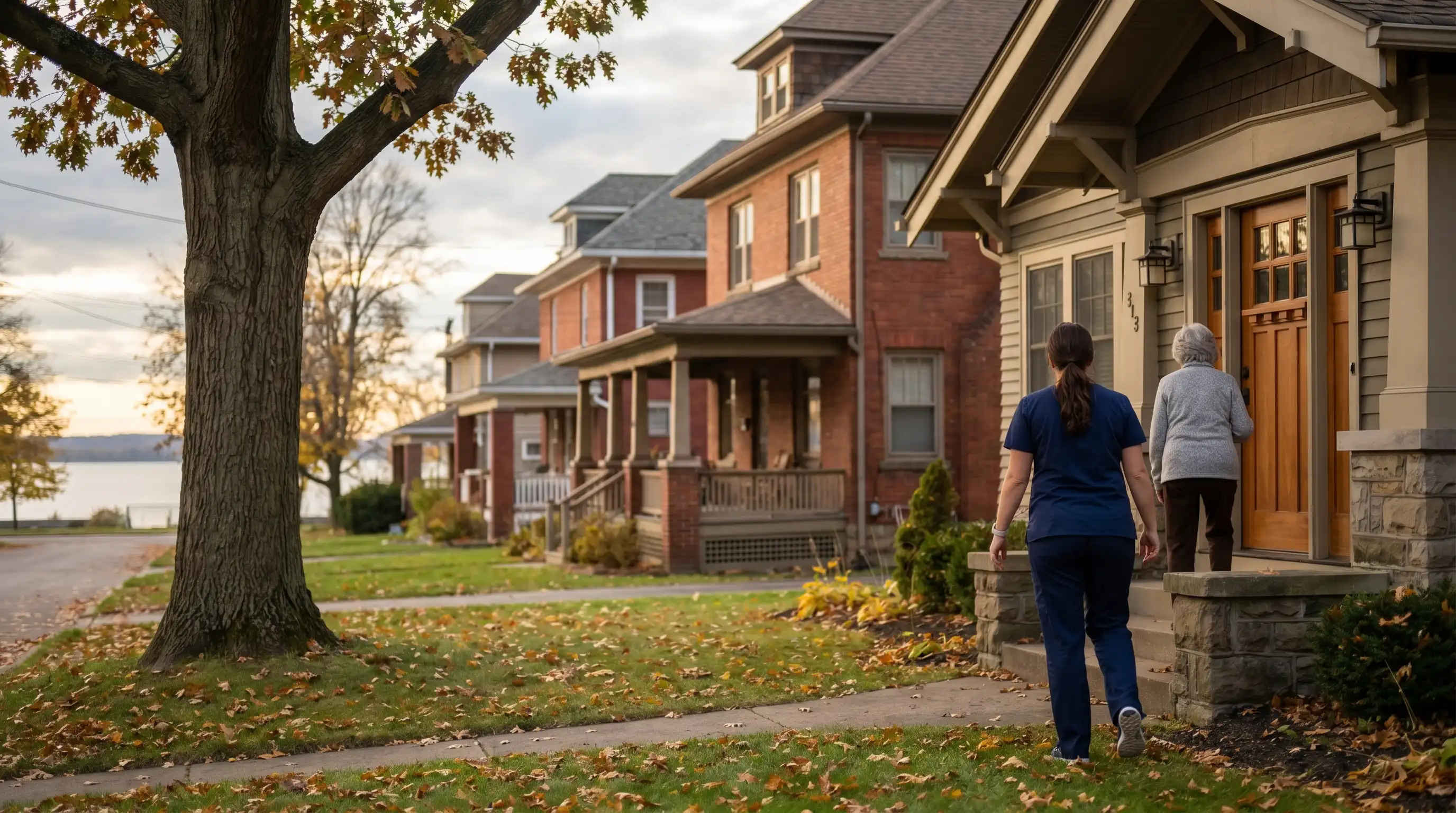 Professional caregiver in navy scrubs arriving at a craftsman-style home in Erie, PA, greeted by an elderly resident at the front door