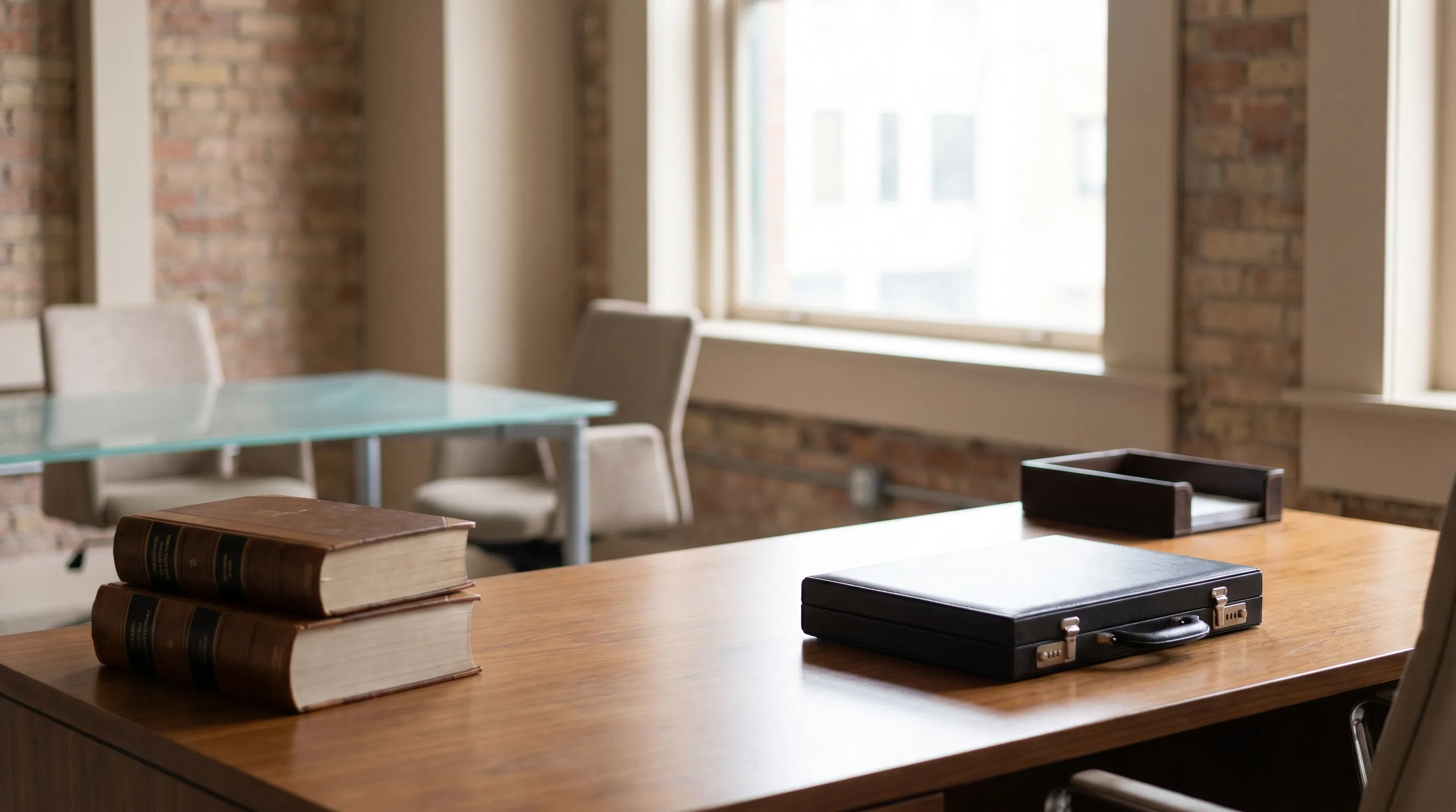 Professional personal injury attorney reviewing case files at a desk in a downtown Erie, PA law office