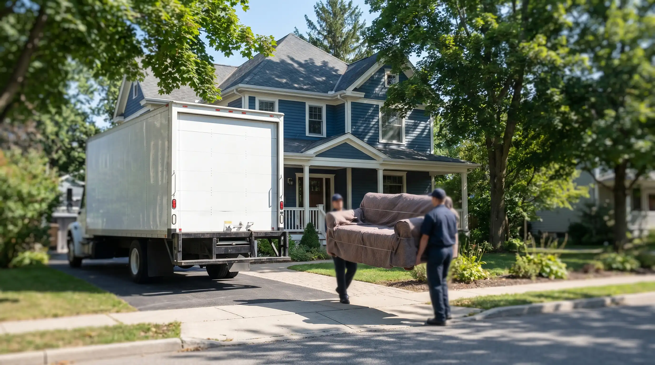Two professional movers carrying furniture into a Victorian-style Erie, PA home on a tree-lined street in summer