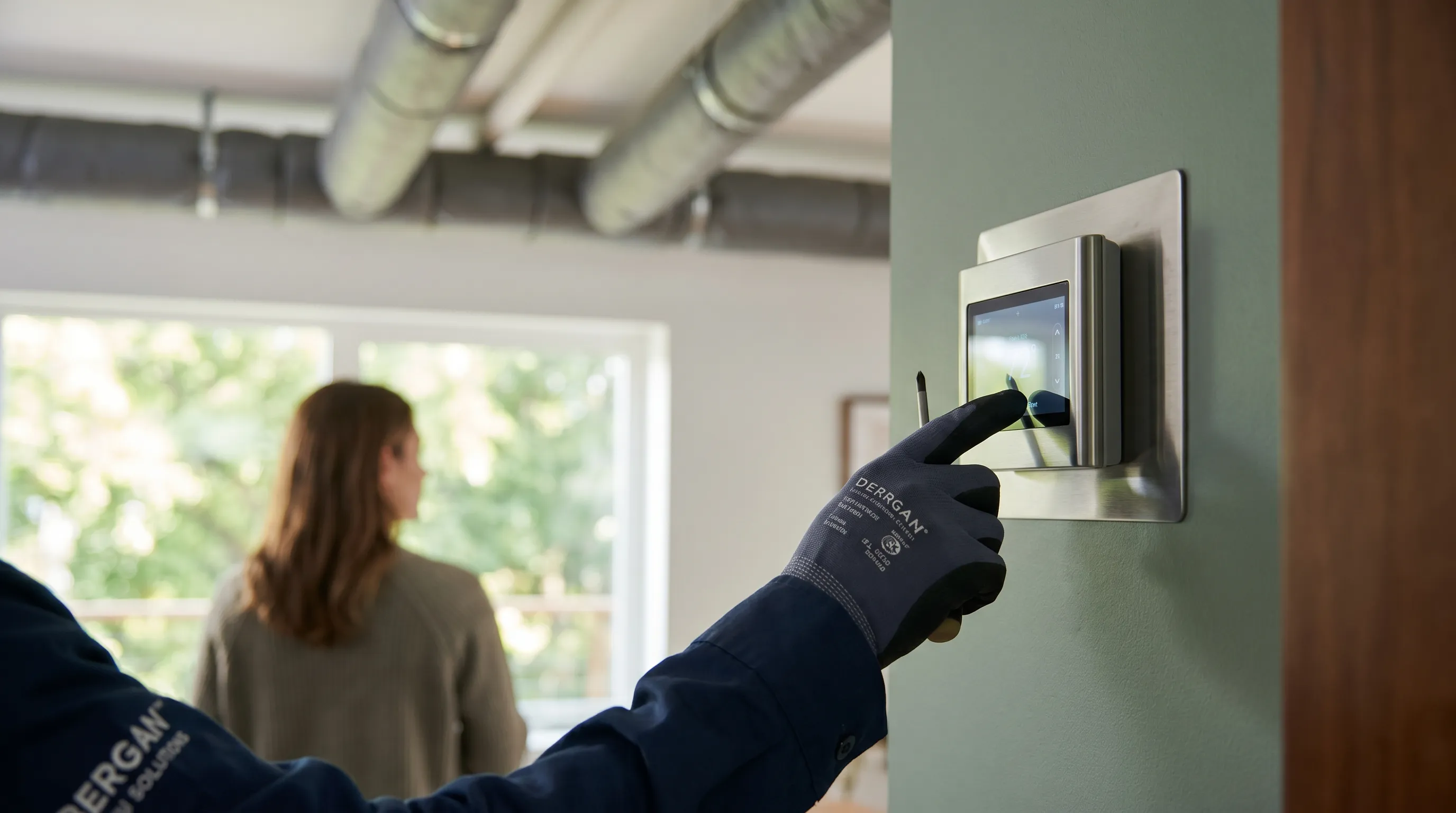 Professional HVAC technician servicing a residential air conditioning unit in Greenville, NC