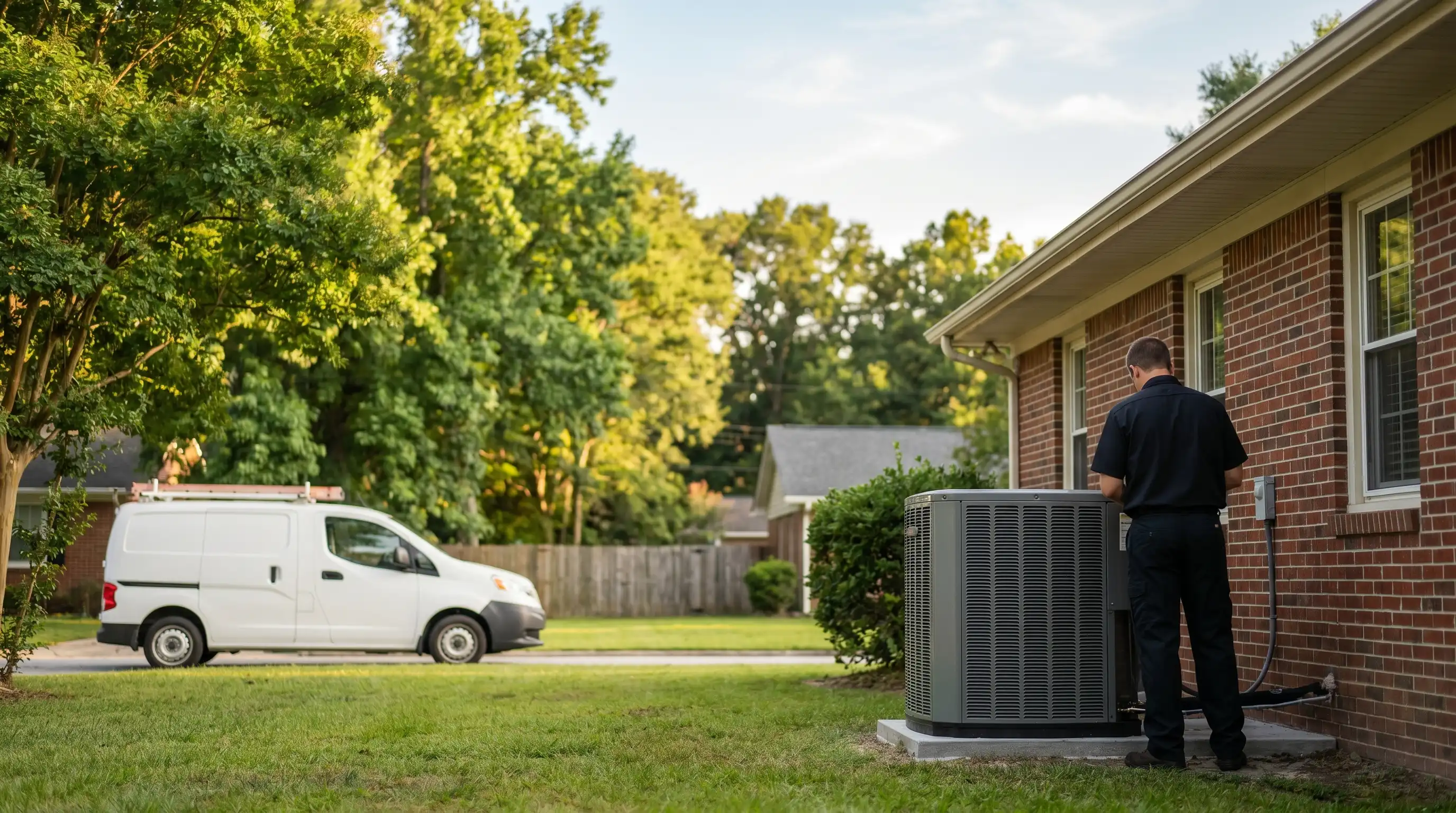 Professional HVAC technician servicing a residential air conditioning unit in Greenville, NC