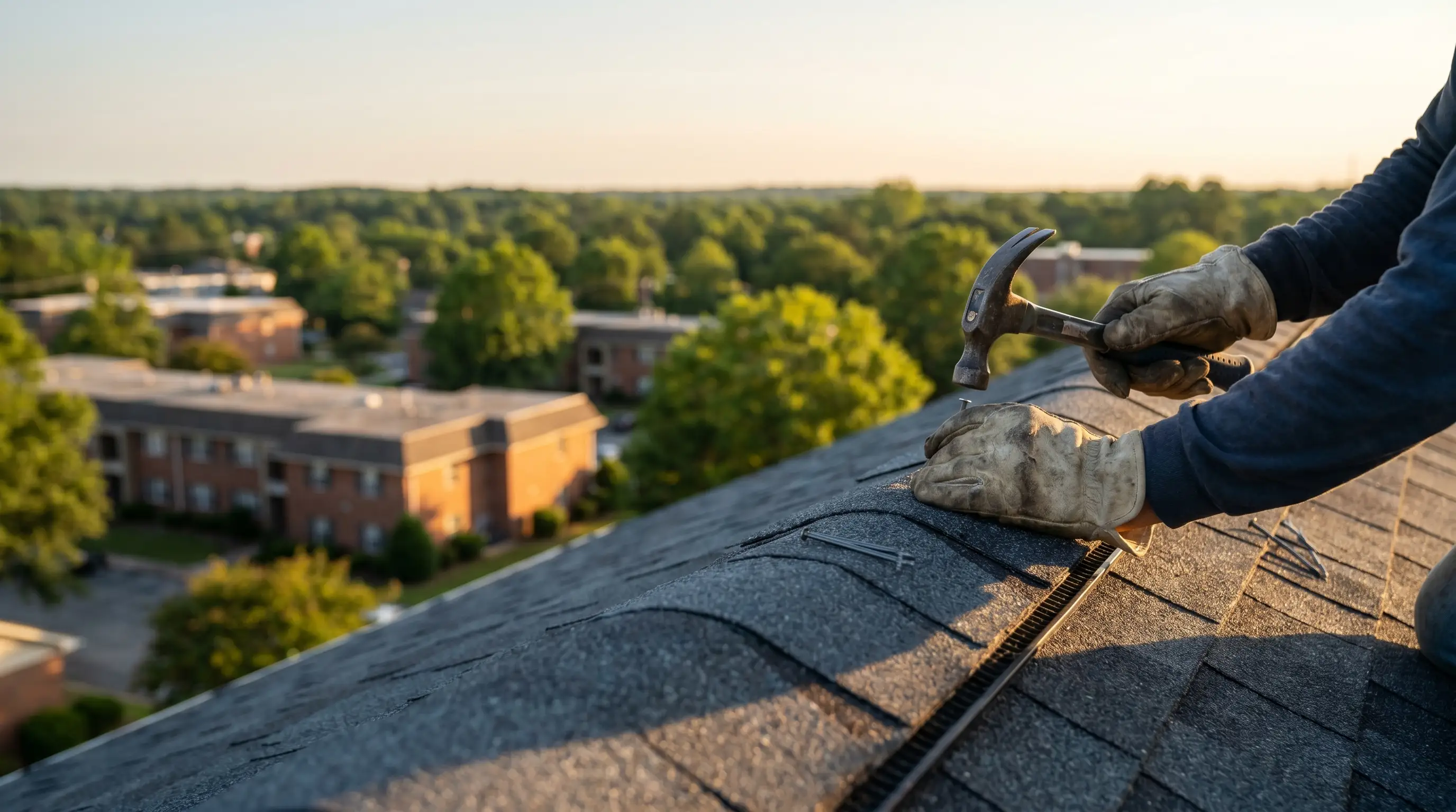 Professional roofing crew installing shingles on a residential home in Greenville, NC