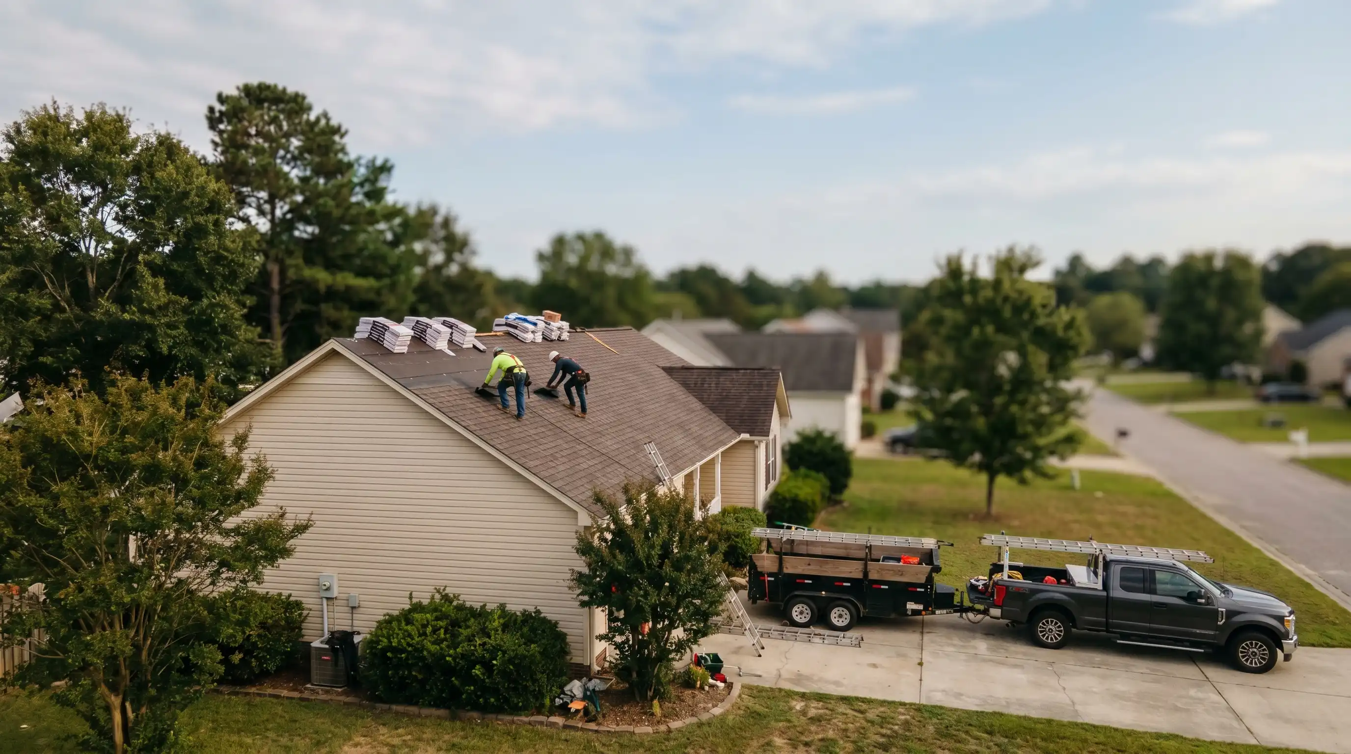 Professional roofing crew installing shingles on a residential home in Greenville, NC