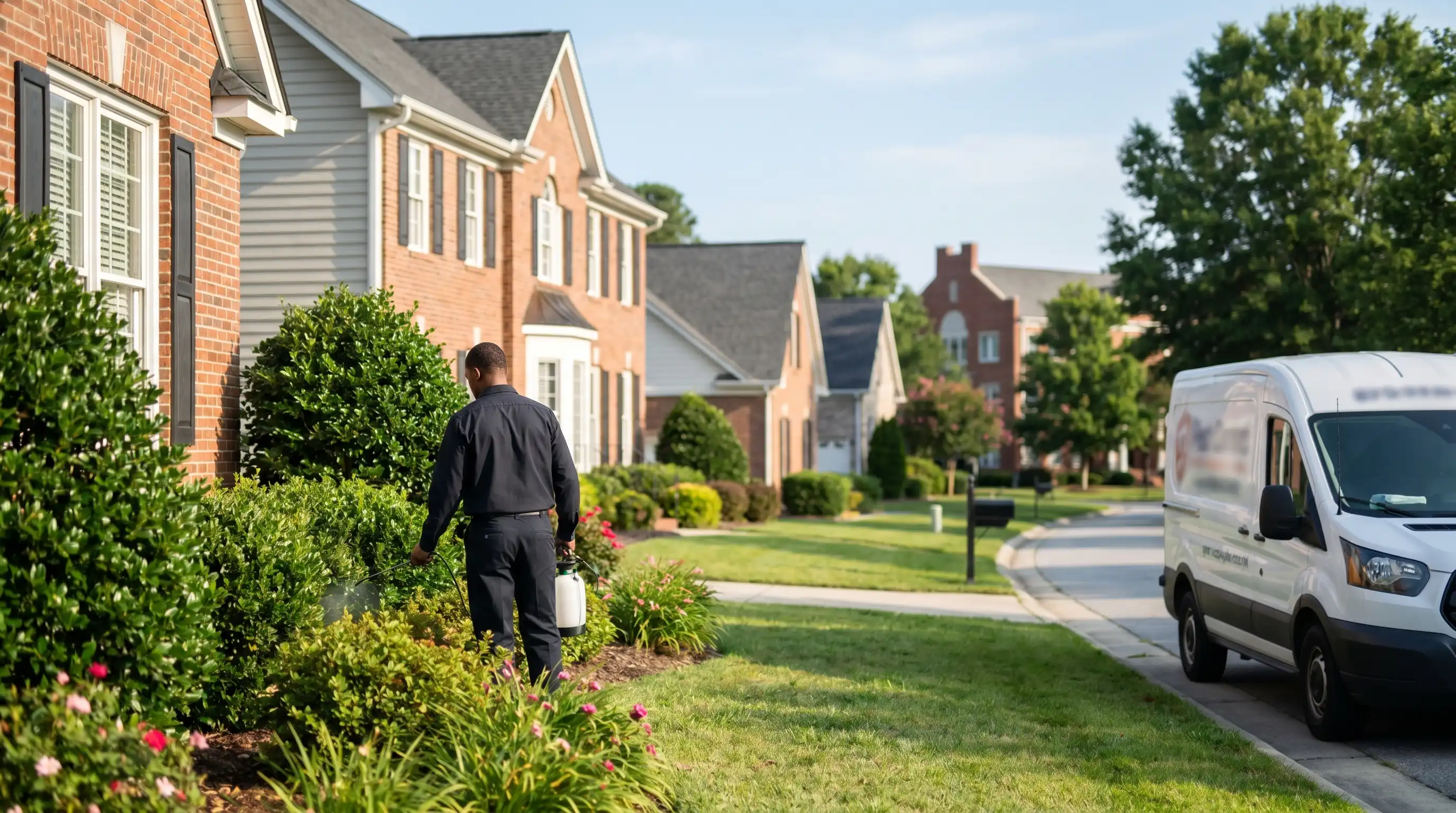 Professional pest control technician treating a residential property in Greenville, NC