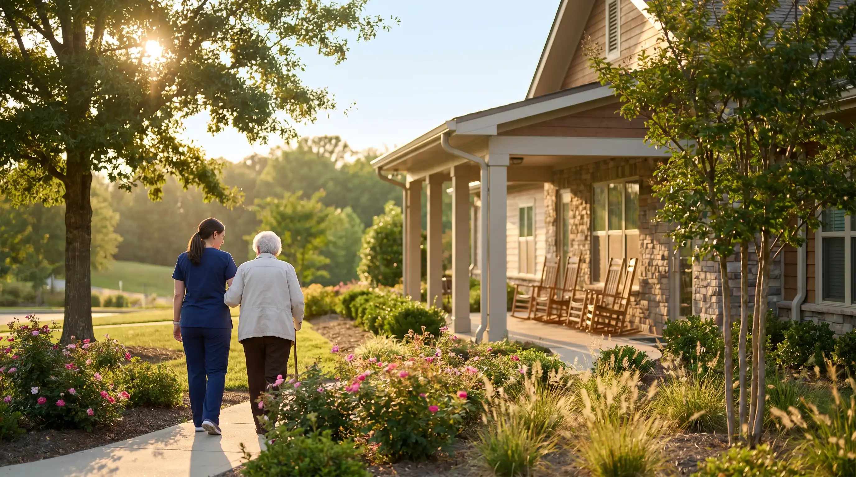 Professional caregiver assisting an elderly resident at a senior living facility in Greenville, NC